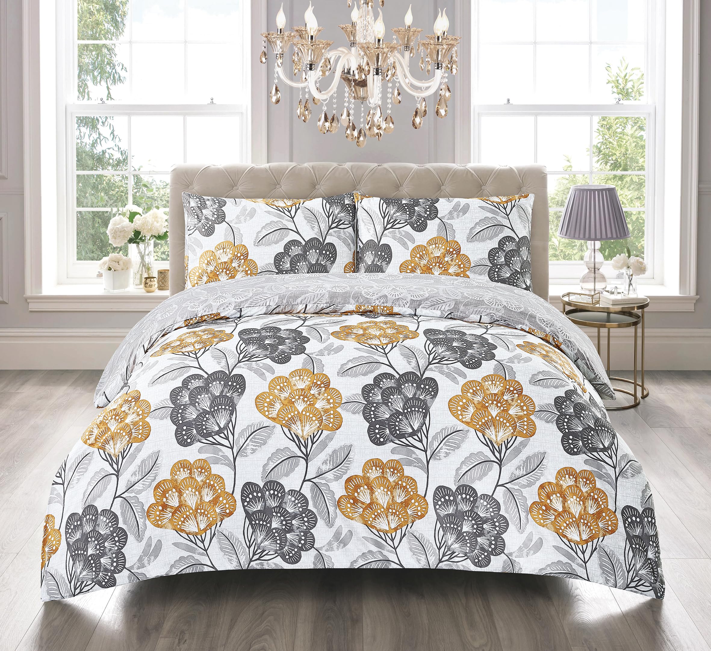 PRIME LINENS Duvet Cover Set 3 Pcs Brushed Microfibre Quilt Cover Bedding Set With Pillow Cases and Extra Fitted Sheet Included (Bloom Ochre, Single) — image 1
