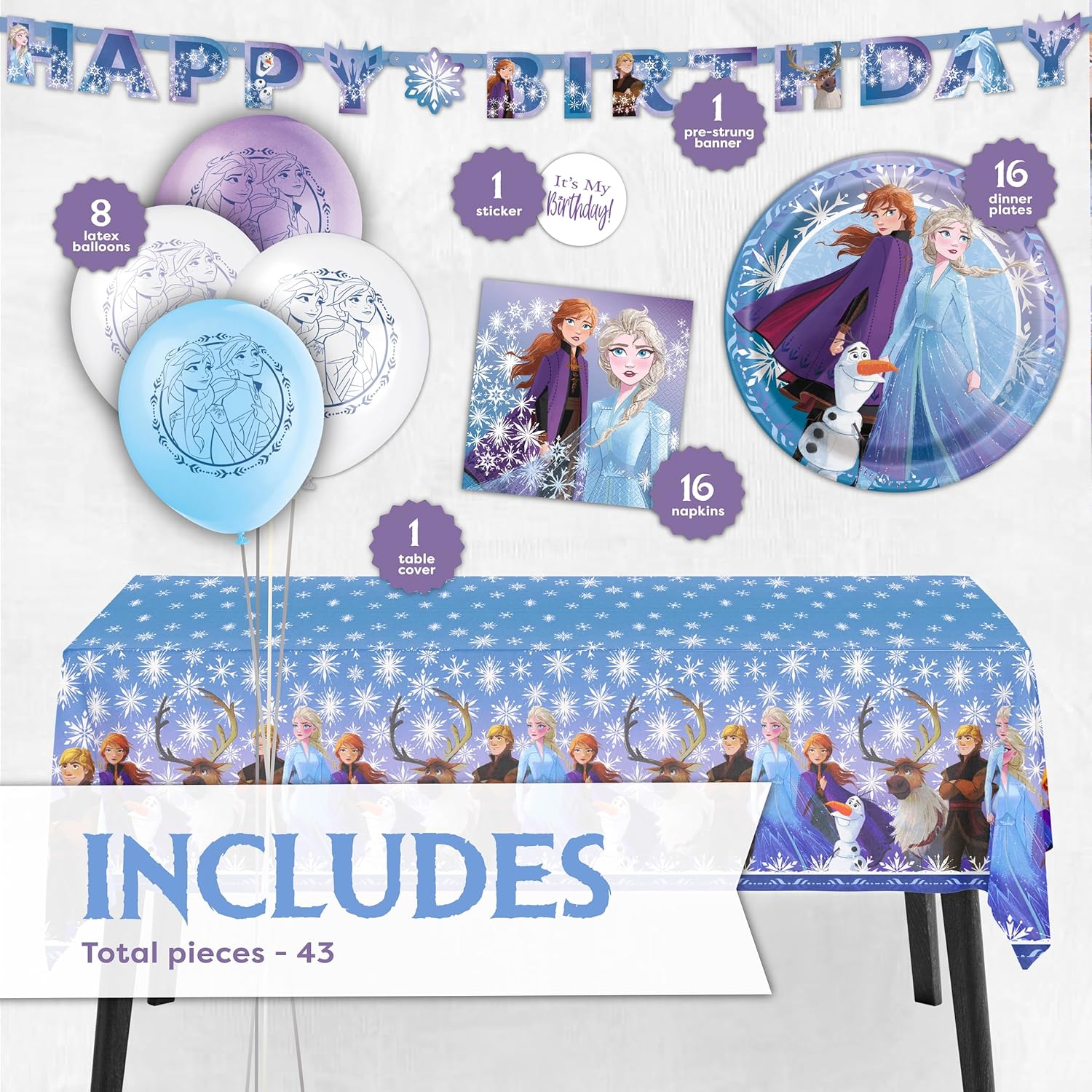 Frozen Birthday Party Decorations | Serves 16 | Balloons, Banner, Tablecloth, Plates, Napkins, Sticker | Elsa Party Decorations | Officially Licensed