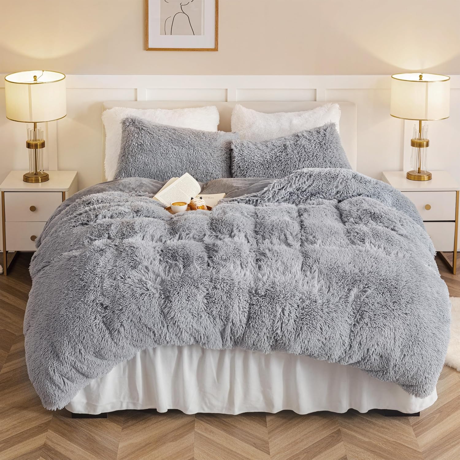 Dreamcountry Plush Fluffy Oeko-TEX Certified Luxury Ultra Soft Shaggy Crystal Velvet Bedding Comforter Set 3 Pieces(1 Duvet Cover + 2 Pillow Shams) Zipper Closure(King, Light Gray)