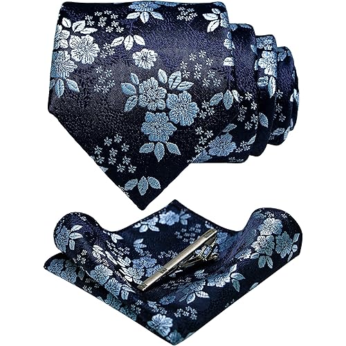 JEMYGINS Floral Necktie and Pocket Square Tie Clip Sets for Men