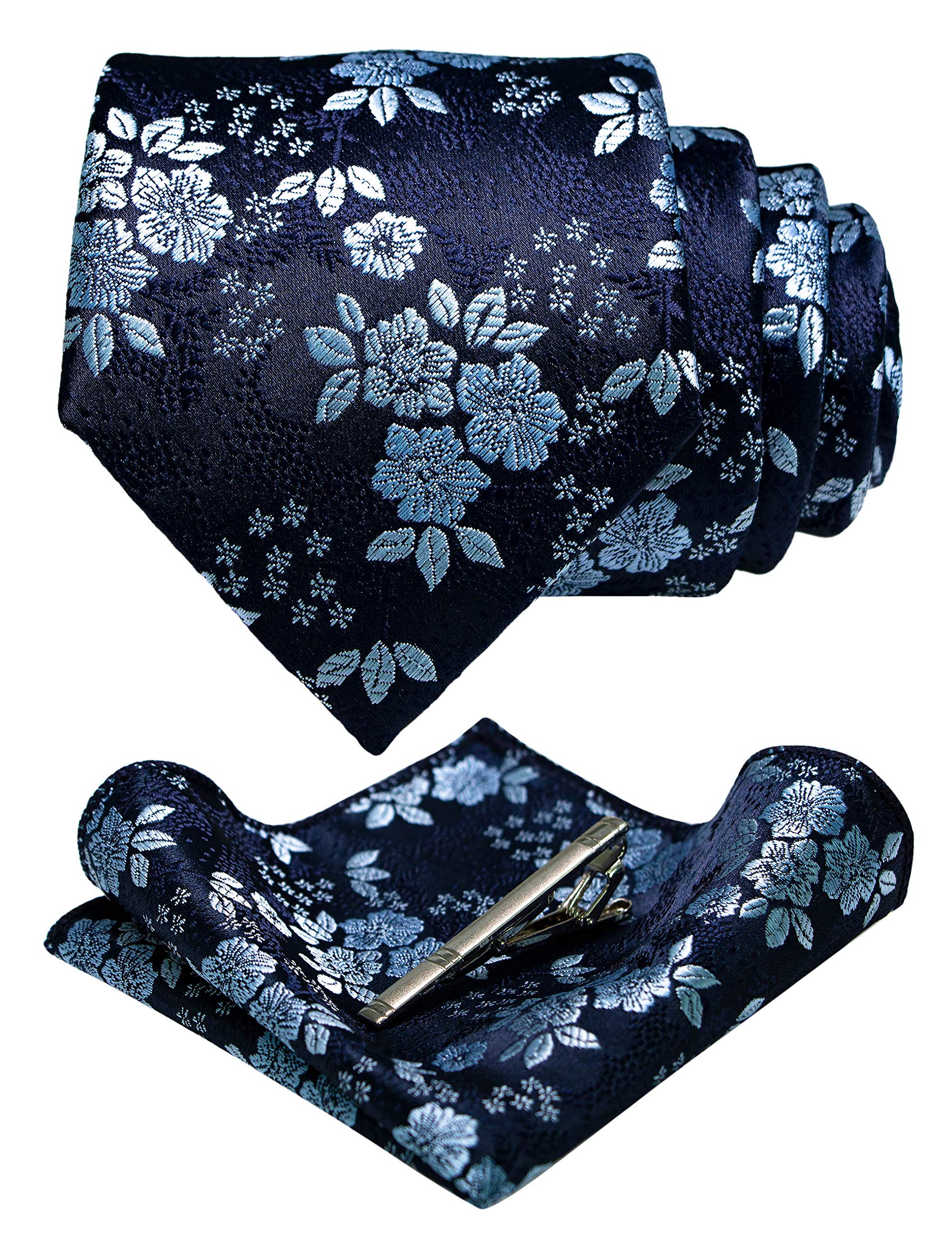 Floral Navy Necktie and Pocket Square Tie Clip Sets