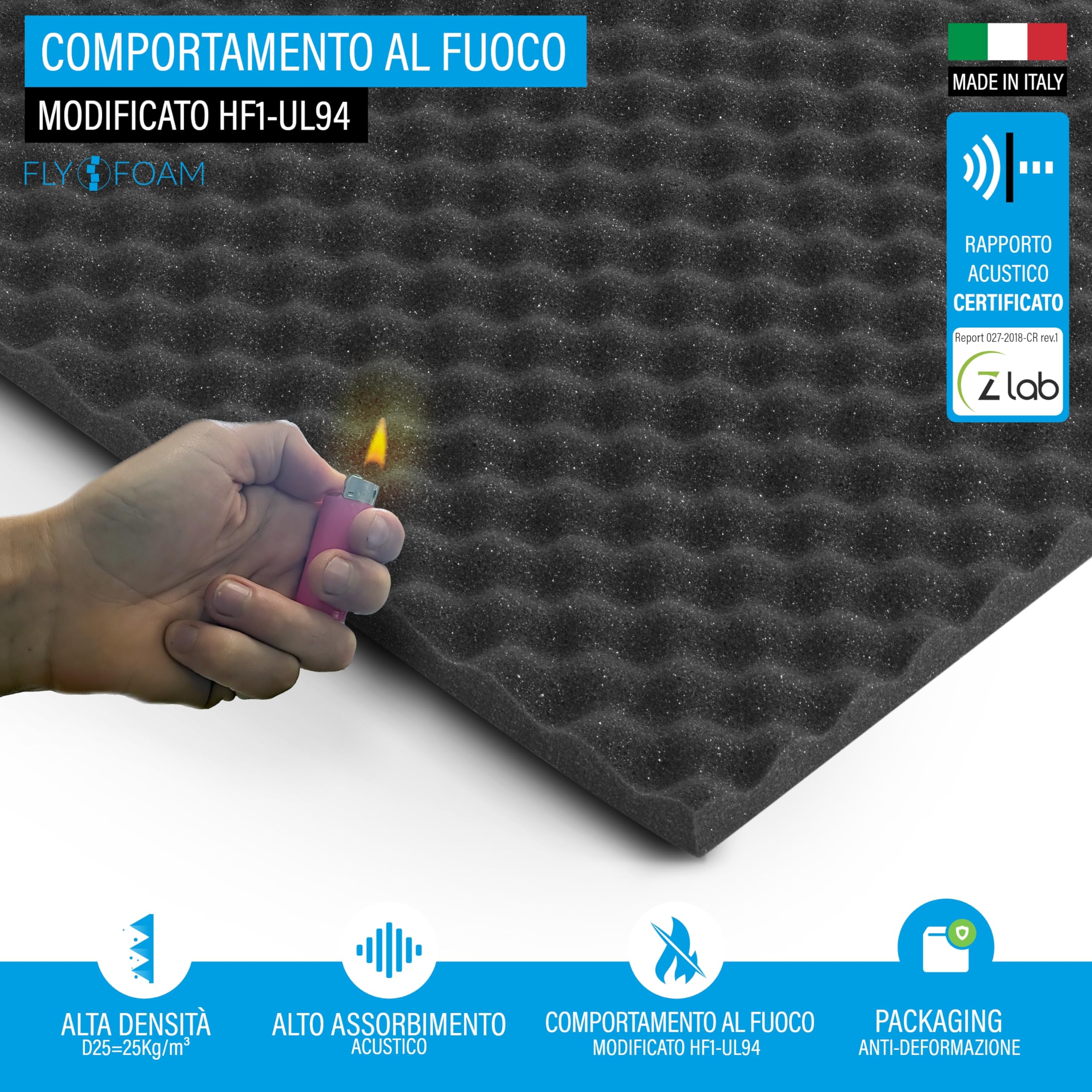 FLYFOAM | Pannello Fonoassorbente Bugnato in Poliuretano Espanso, 10 Pezzi da 100x100x3 cm, D25 con Comportamento al Fuoco HF1-UL94, per Assorbimento e Isolamento Acustico, Made in Italy