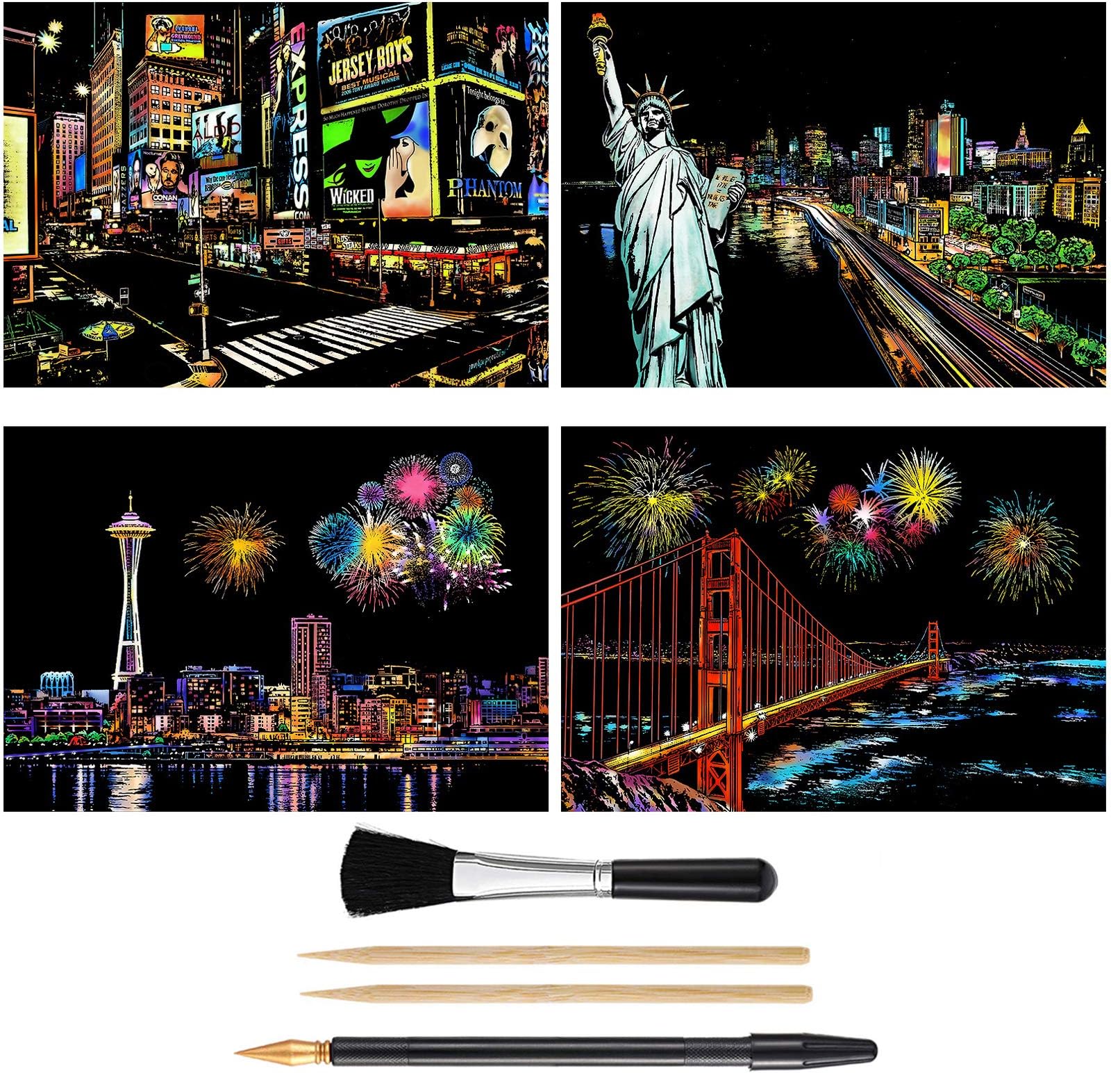 Scratch Art Rainbow Painting Paper, 4 Sheets (A4) Scratch Off Night View with Tools DIY Scratchboard Crafts Womens Hobbies, Engraving Arts Adults Scratch Painting Party Gift