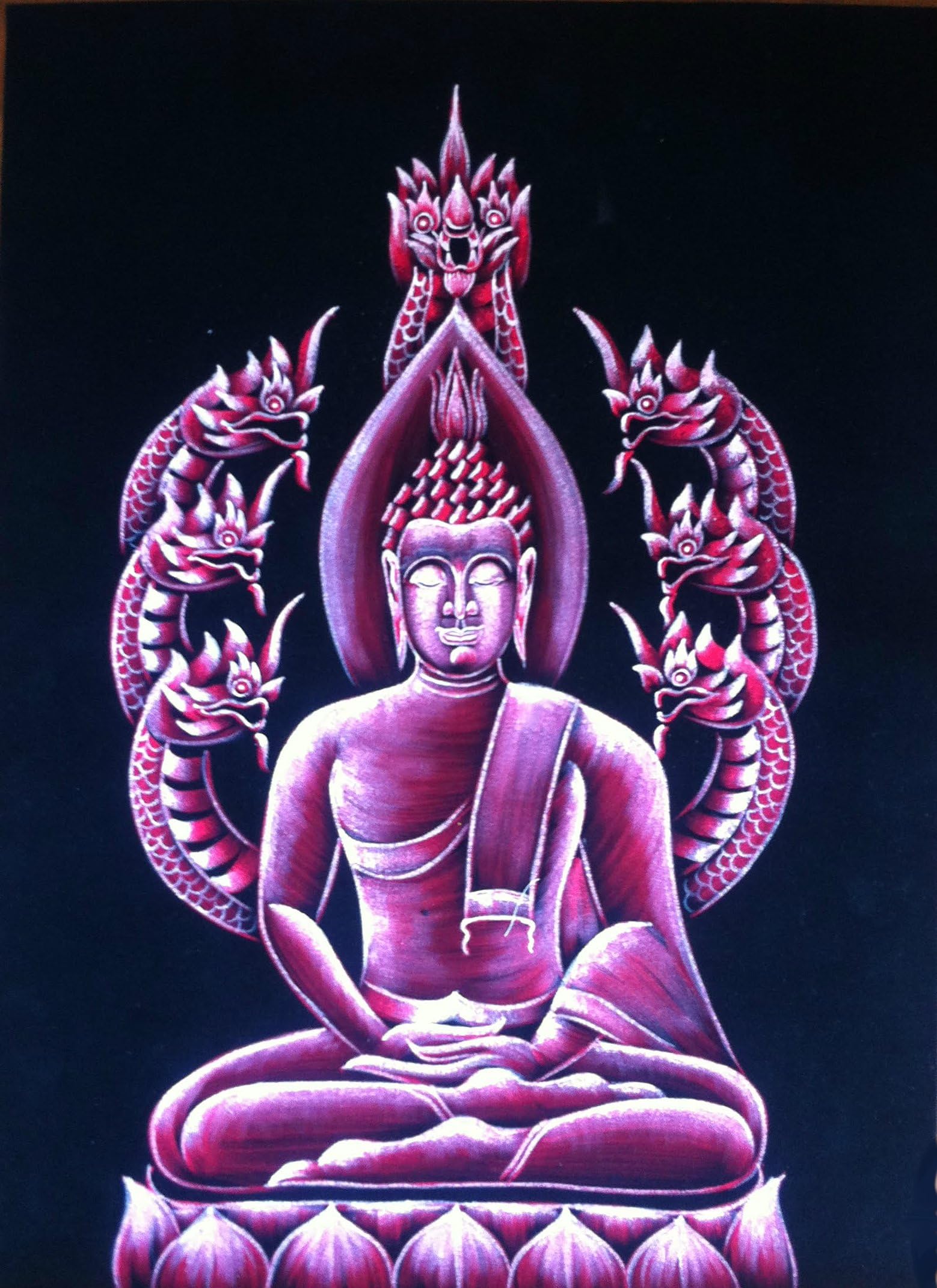 Thai Handmade Red Buddha Oil Painting on Black Velvet
