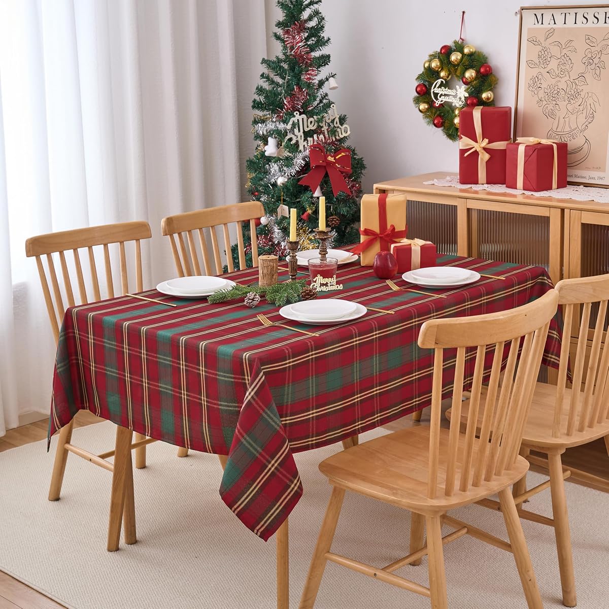 Anlass Mantel navideño de 52 x 70 pulgadas para mesas rectangulares, mantel impermeable a cuadros navideños rojos y verdes para vacaciones, fiesta de invierno, cena, decoración de cocina
