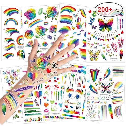 Miniatura 2 de Más de 200 tatuajes temporales de arco iris, tatuajes de Konsait de mariposaflorcorazónarco iris, calcomanías impermeables para niñas y niños,