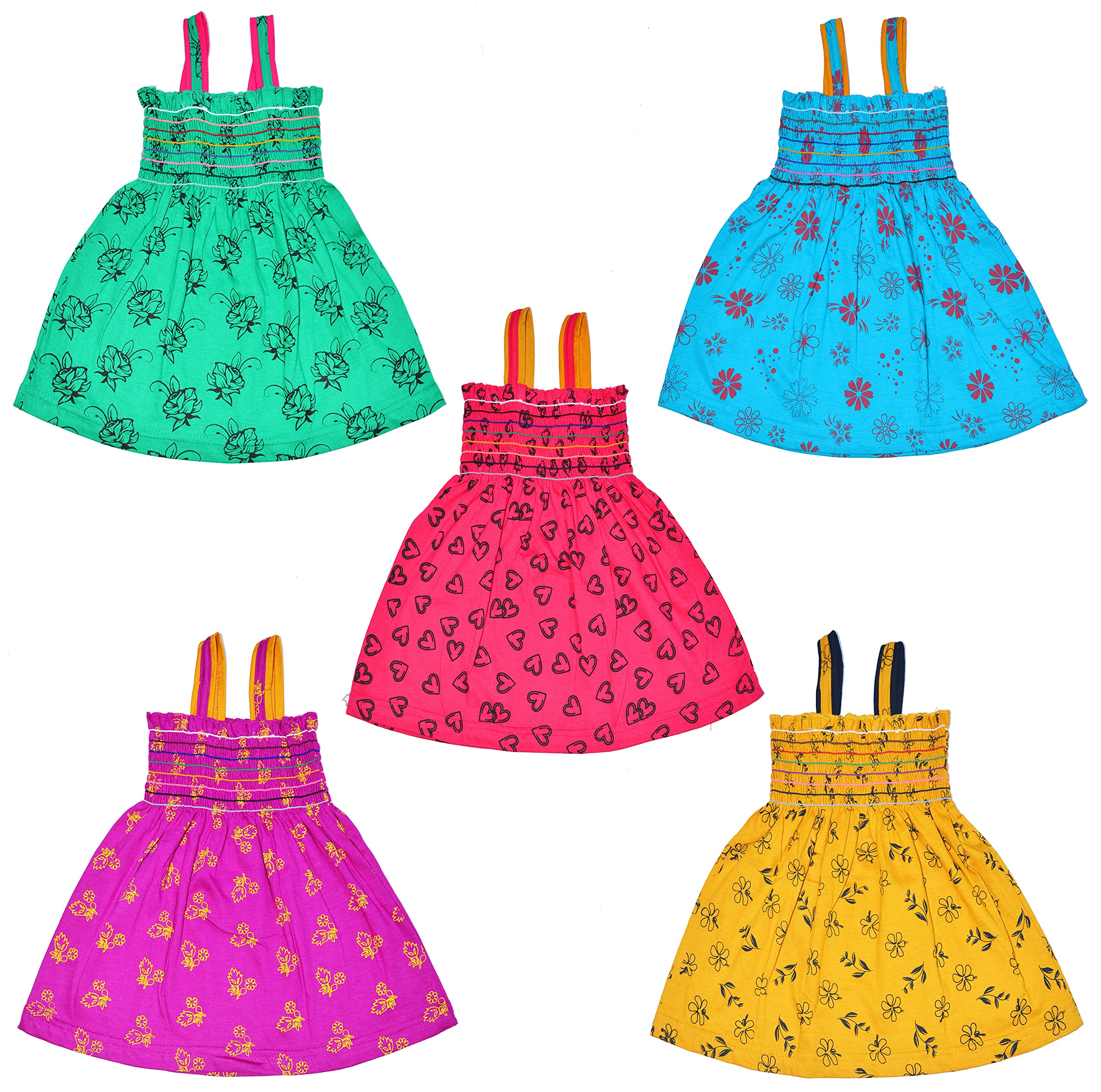 Naughty LittleBorn Baby Girls Beautifully Designed Allover Printed Colorful Elasticated Frocks with 100% Cotton Combo (Pack of 5)