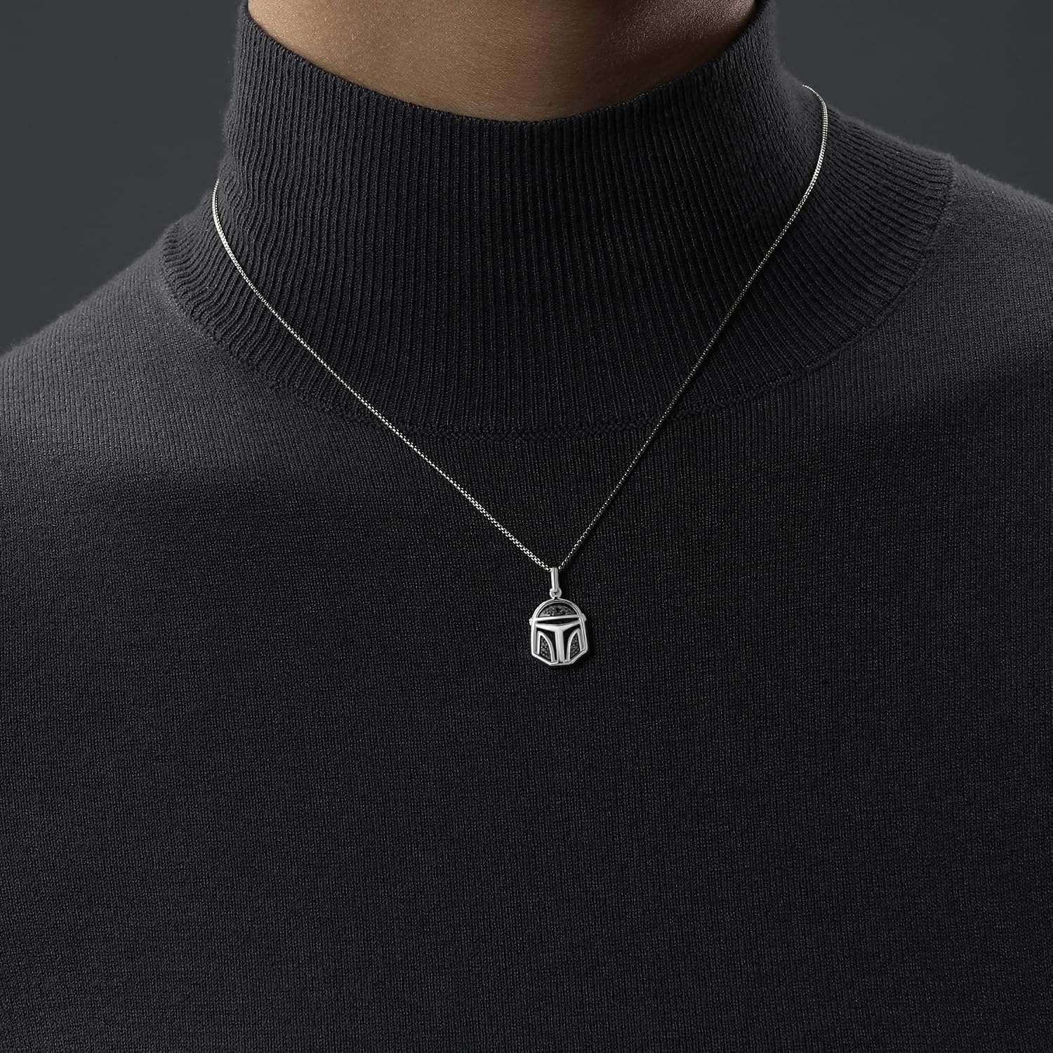 Jewelili Star Wars™ Fine Jewelry The Mandalorian™ Helmet Necklace and Earring Set in Sterling Silver and Black Rhodium with 1/10 CT.TW. Black Diamonds