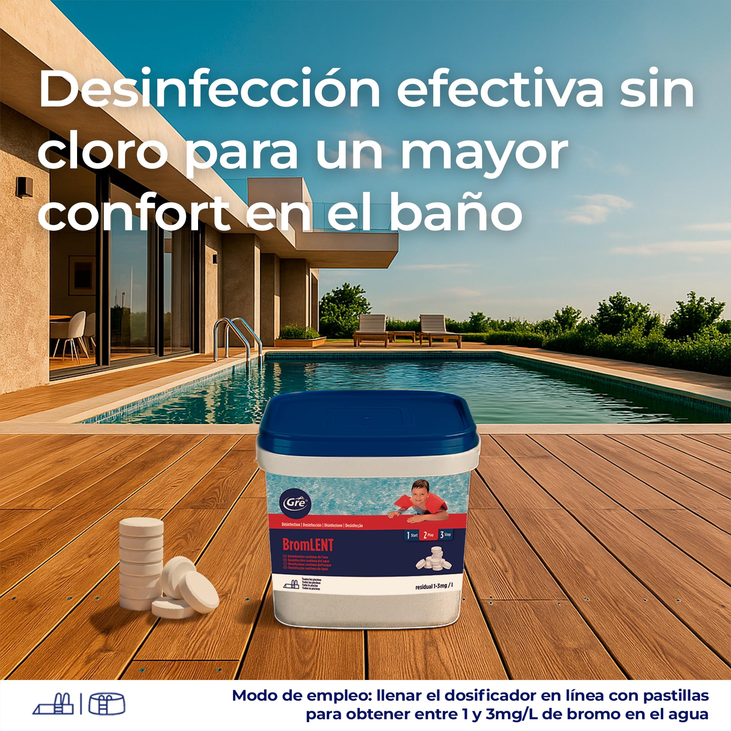 GRE 76024 - Bromo en Pastillas. Desinfección Eficaz para el Agua de la Piscina Libre de Cloro, sin Olores ni Irritaciones. Ideal para Piscinas y Spas – 5 kg