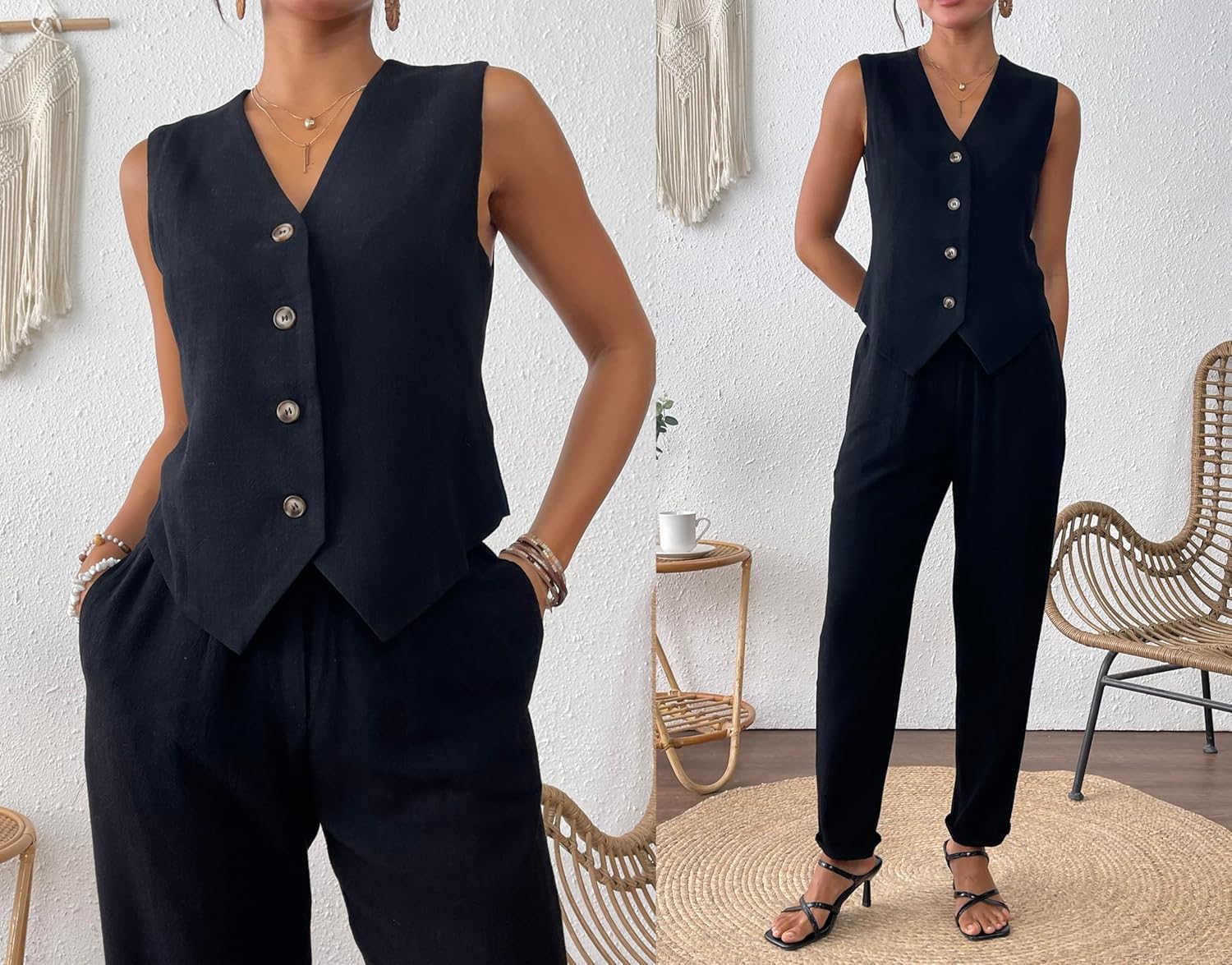 Women's 2 Piece Outfits Linen Vest Waistcoat Dressy Business Casual Sets Summer Tapered Pants Suits