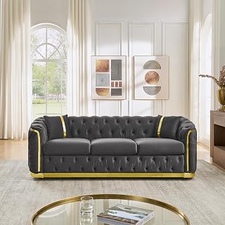 KEIKI 85" Luxury Oversized Velvet Chesterfield Sofa with 2 Pillow & Gold Stainless Decoration, Italian Modern Style 3-Seater Button Tufted Couch with Rolled Arms, Easy Assembly, for Living Room, Gray