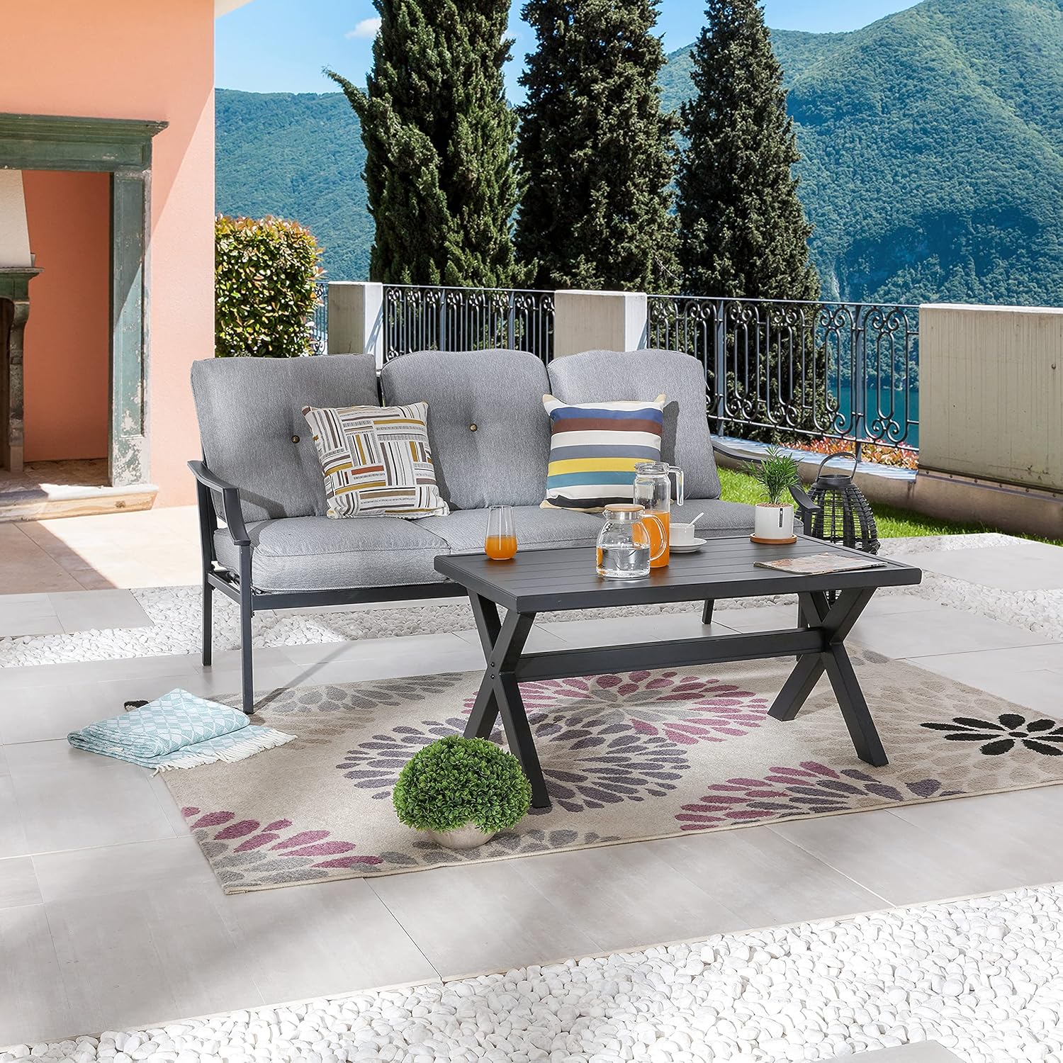 LOKATSE HOME Outdoor Patio Cushioned Loveseat 3 Seats Sofa Bench with Metal Coffee Table, Grey