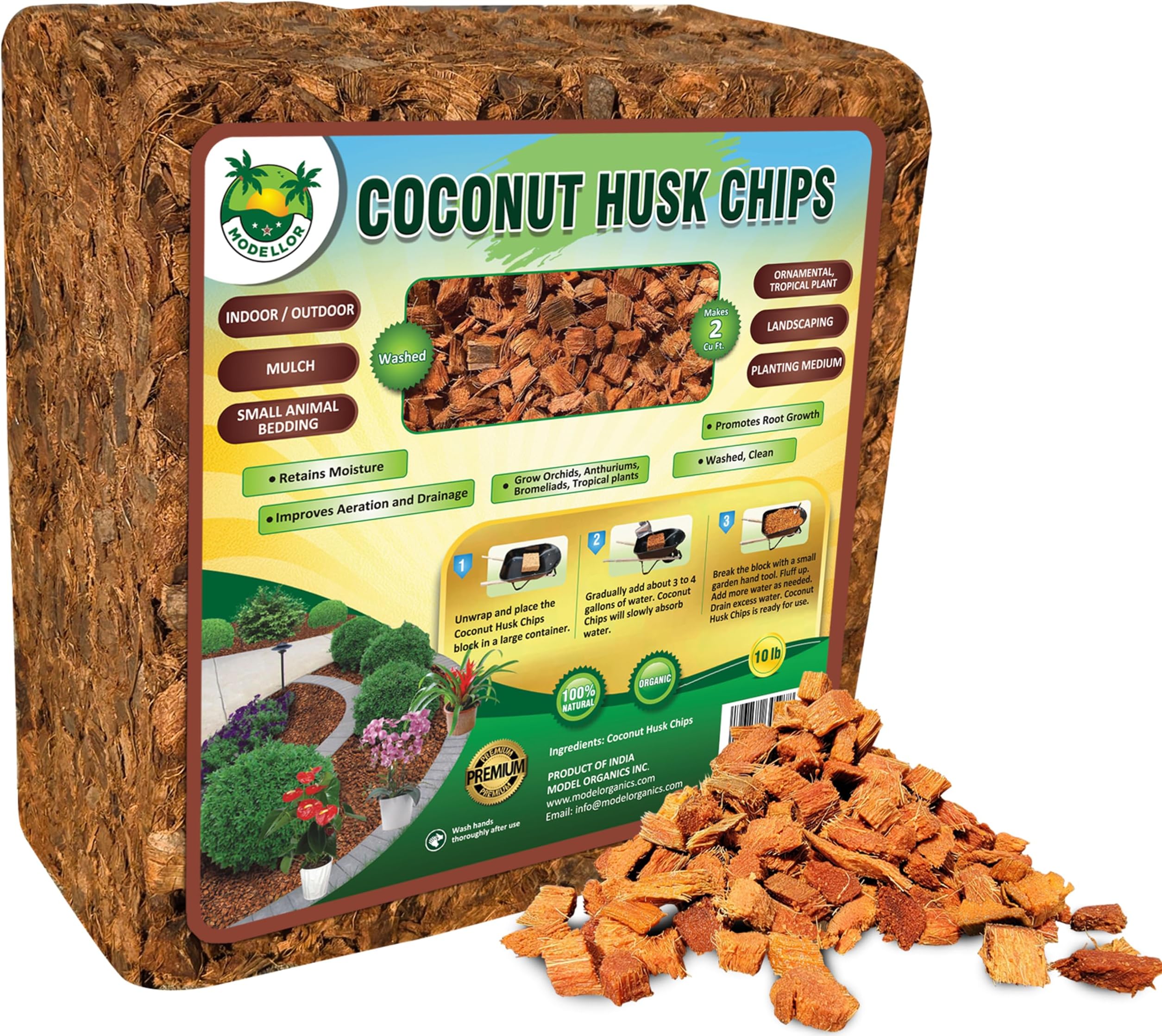 MODELLOR Premium Coco Husk Chips Block 10 lb. yields 2 cu ft. of Loose Husk Chips on Hydration, Organic, Washed, use as Mulch, Reptile Bedding, Indoor, Outdoor, Grow Orchids.