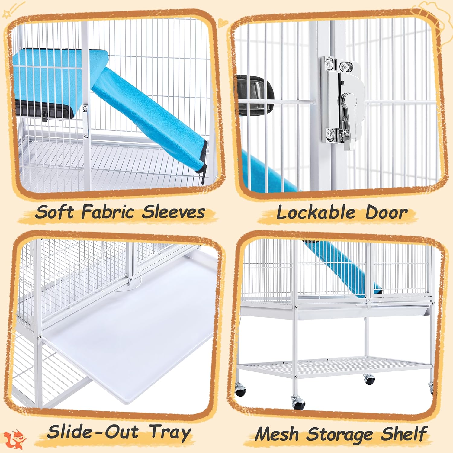 Close-up images showing soft fabric sleeves on ramps, a secure lockable door, a slide-out tray, and a mesh storage shelf.