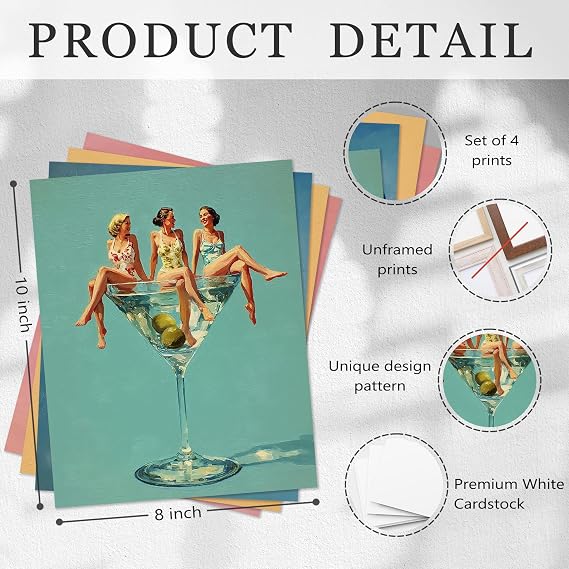 Kaderas Vintage Cocktail Posters Pin Up Lady Wall Art Room Decor, Retro Summer Martini Prints for Bar Bedroom Bathroom
