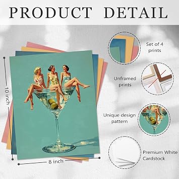 Kaderas Vintage Cocktail Posters Pin Up Lady Wall Art Room Decor, Retro Summer Martini Prints for Bar Bedroom Bathroom