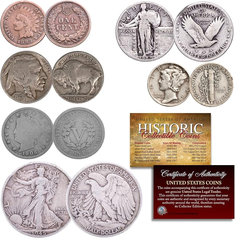 Juego de colección de 6 monedas de plata antiguas de EE. UU.: Walking Liberty Half, Standing Liberty Quarter, Mercury Dime, Buffalo Nickel, V-Nickel, Indian Head Cent, todo en cápsulas herméticas con certificado