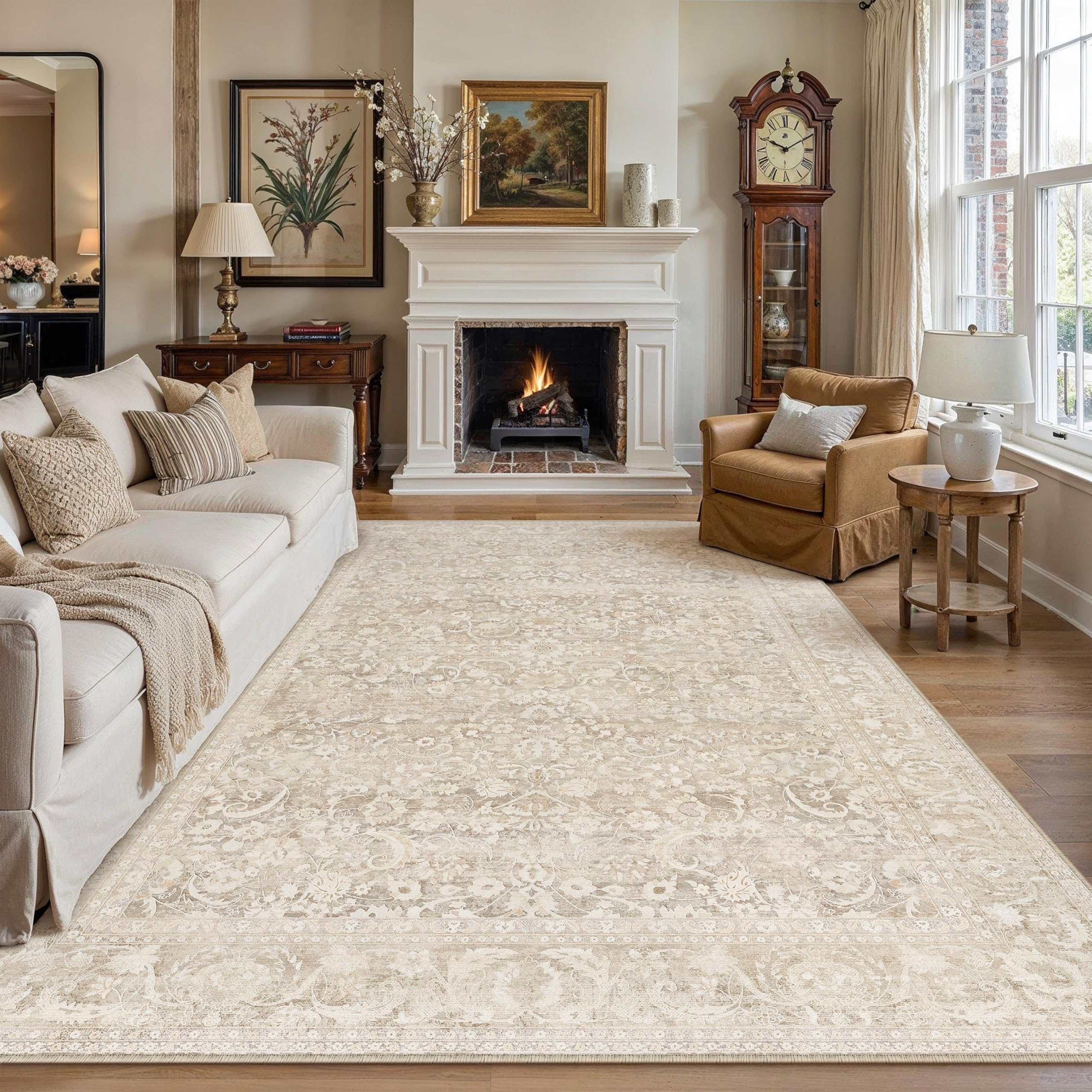 View 1 of Berthmeer 8x10 Area Rug for Living Room Vintage Printed Beige Rugs