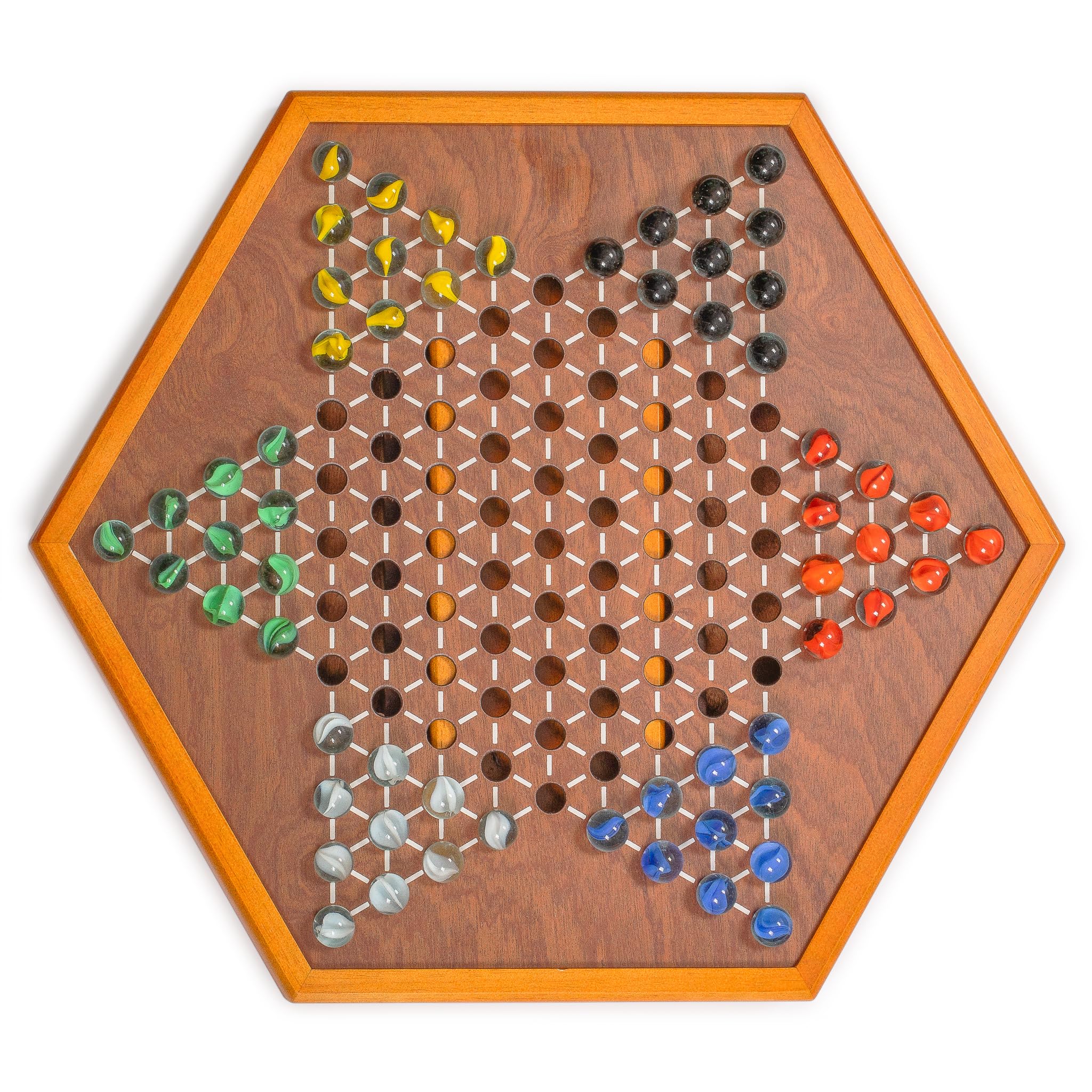 Yellow Mountain Imports Jeu de Dames Chinoises Halma en Bois - 32 Centimètres - avec Tiroirs et Billes de Verre Colorées