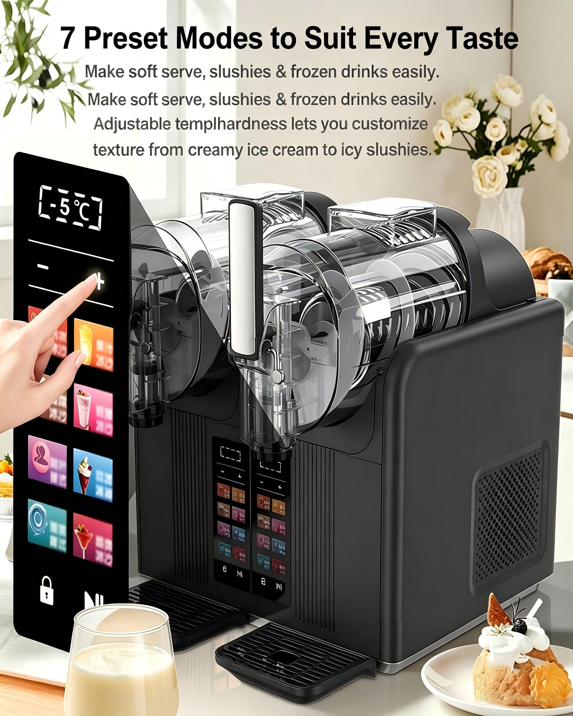 Máquina de Slush y Soft Serve de Doble Tanque – 2x2L, Pantalla Táctil Inteligente,7 Ajustes Preestablecidos, Mezclado 360°,Dureza Ajustable (Cremoso A Crujiente), Limpieza Automática con un Botón