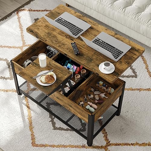 Miniatura 5 de Mesa auxiliar con tapa elevable, mesa auxiliar multifunción 3 en 1 con compartimento oculto, mesa de centro se convierte en mesa de comedor para