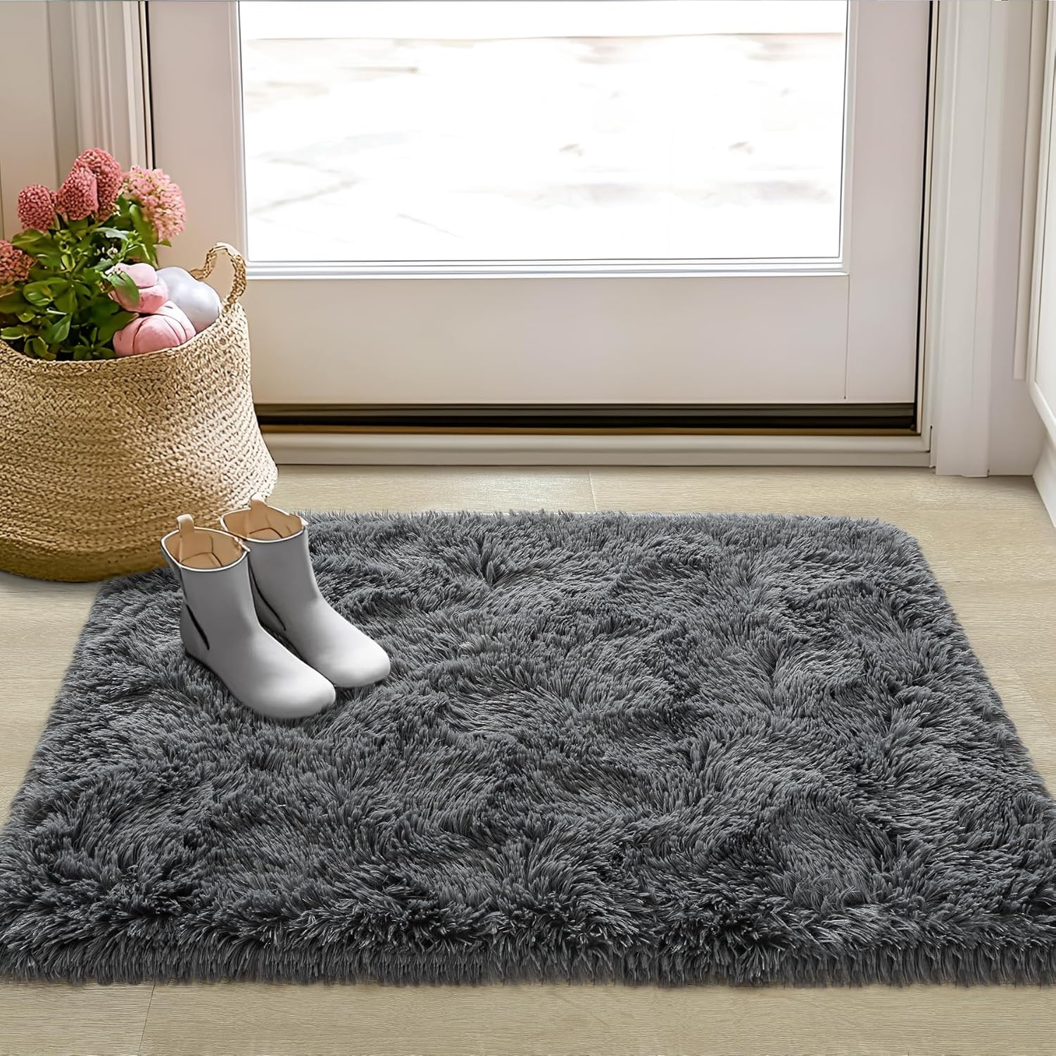 Noahas Door Mat Indoor Entrance,2x3 Shaggy Small Dark Grey Area Rugs for Entryway,Non-Slip Fluffy Entry Bedroom Rug,Soft Plush Bedside Throw Kids Carpet