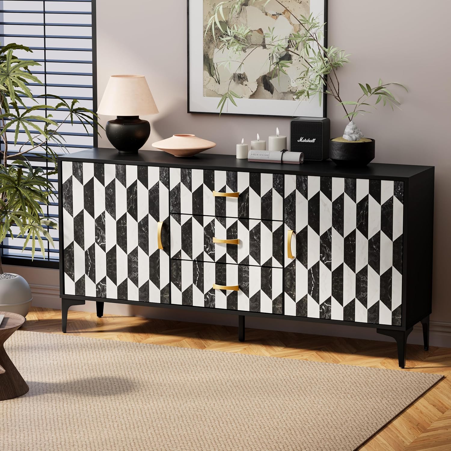 Anbuy Marble Buffet Cabinbet with Storage and 3 Drawers Sideboard Faux Marble Doors Buffet Dining Room Hallway Cupboard Console Table, Liquor/Accent Cabinet(Black)
