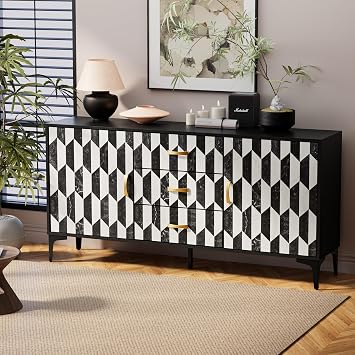 Anbuy Marble Buffet Cabinbet with Storage and 3 Drawers Sideboard Faux Marble Doors Buffet Dining Room Hallway Cupboard Console Table, Liquor/Accent CabinetBlack