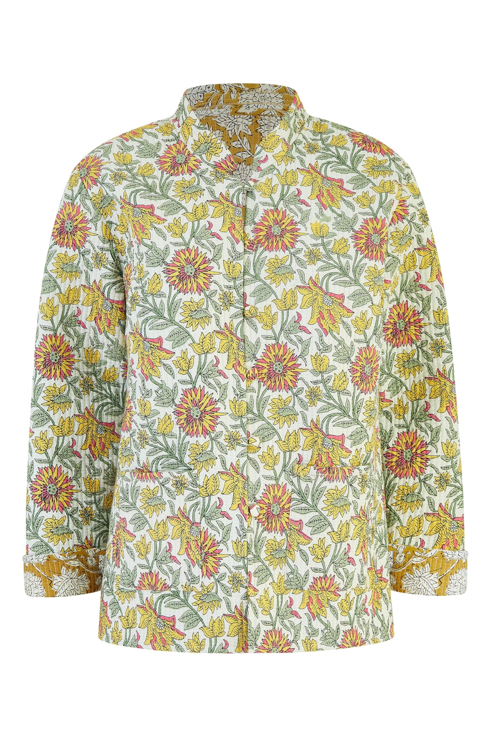Yumi Yellow Floral Print Reversible Cotton Quilted Jacket 16 Yellow