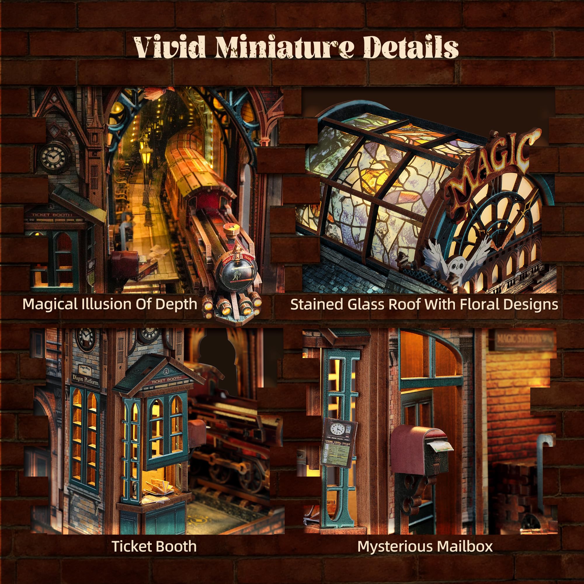 FUNPOLA LED 3D Puzzle Magic Station Book Nook Kit - Interactive 3D Wood Puzzle LED Magical Miniature with Infinite Extension Space - DIY Bookshelf Insert Decor Gifts(Magic Station) Product Image 3