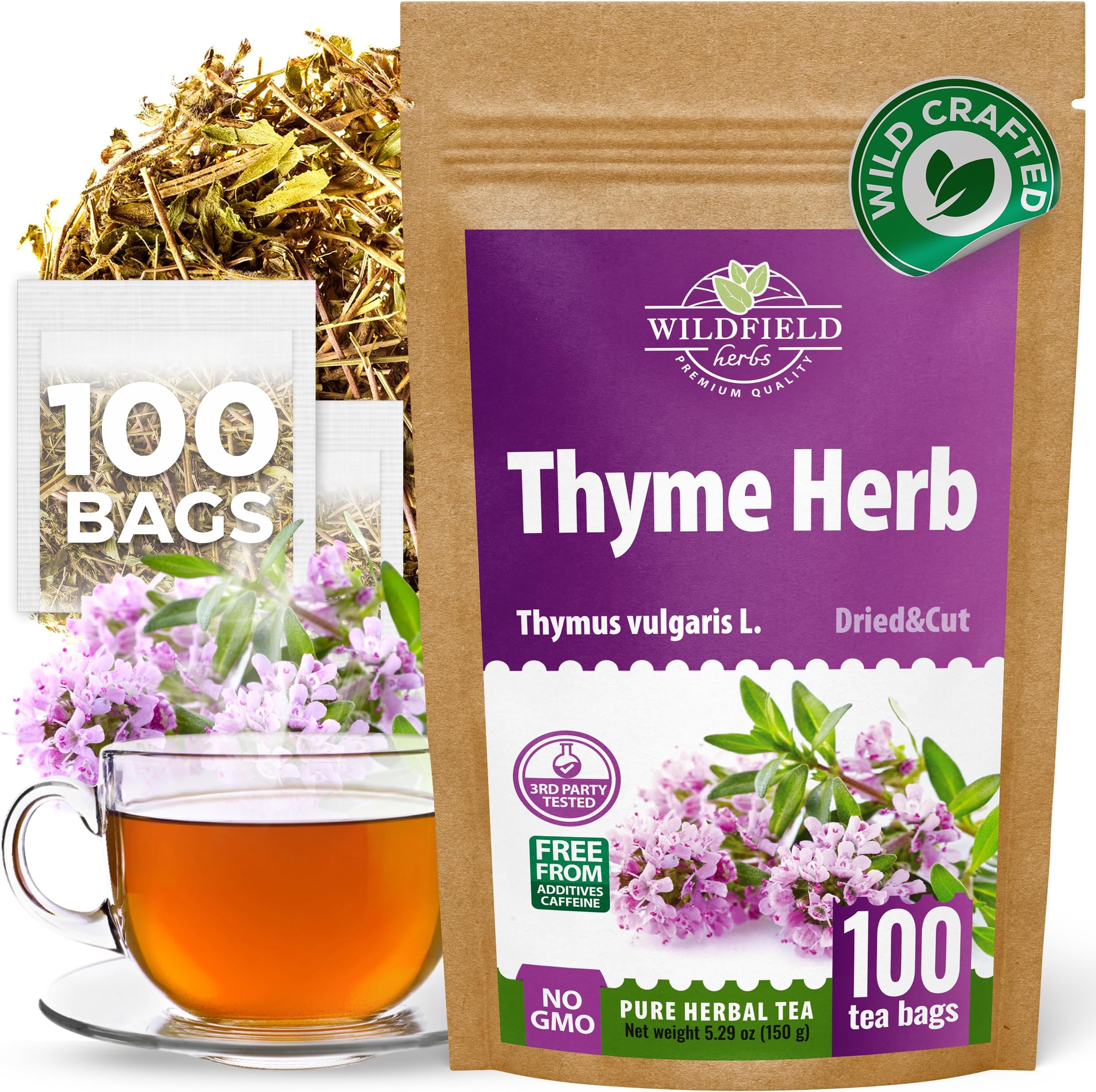 100 Bags Thyme Tea Thyme Leaves Tyme Herb Tea (Thymi Serpiylli Herba) - 100 Count 1.5 g Bags Thymus Serpyllum Herb Tomillo En Hierba