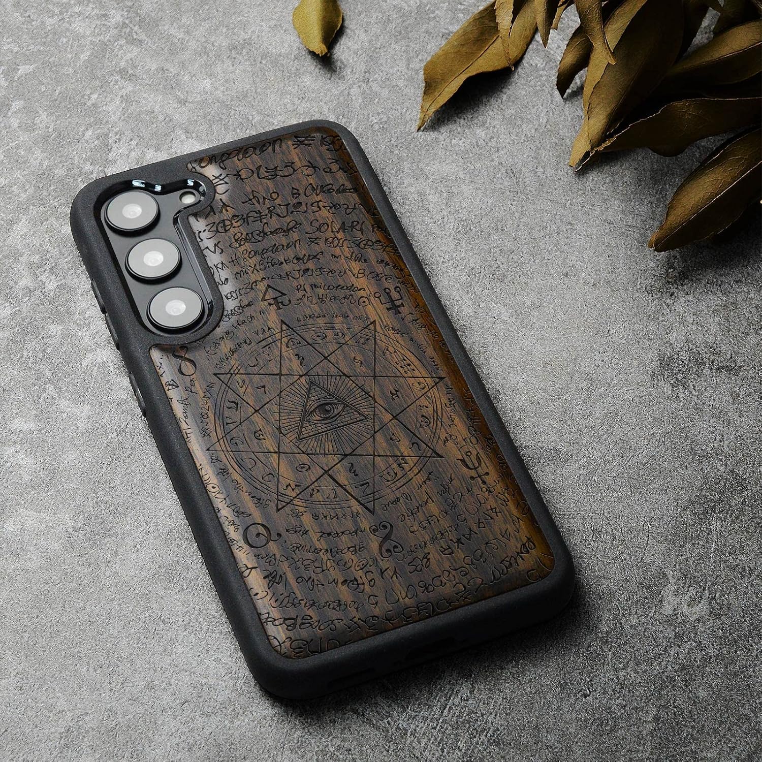 Carveit Wood Case for Galaxy S23 Plus Case [Natural Wood & Black Soft TPU] Shockproof Protective Cover Unique & Classy Wooden Design Compatible with S23 Plus (All-Seeing Eye-Blackwood)