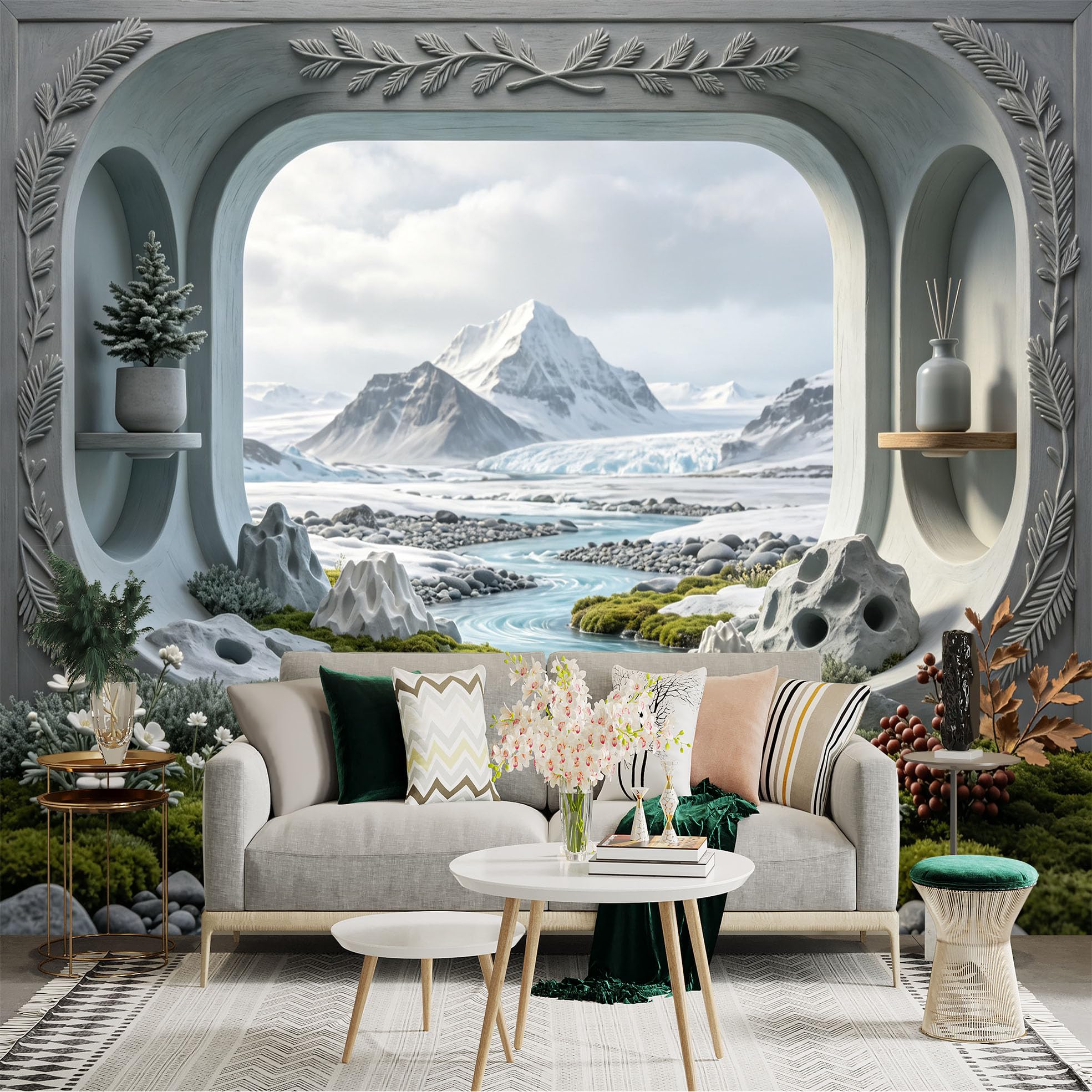 Custom Size Wall Sticker Mural， Arctic Mountain River Landscape， Snow Peaks and Moss Valley， for wall Decoration， peelandstick wall Decals.
