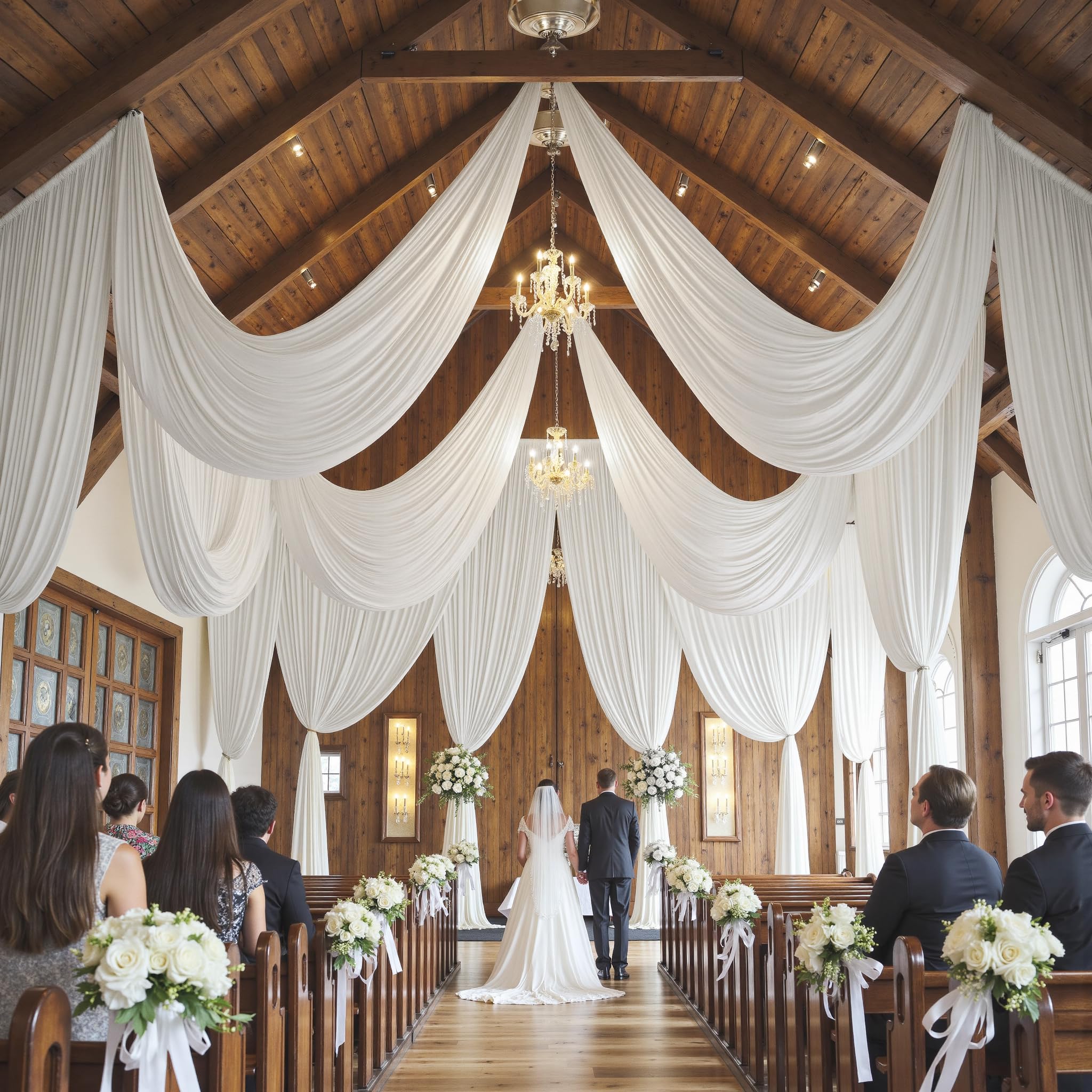 Photo 1 of 8 Panels 5ftx30ft White Ceiling Drapes for Wedding Parties – 30 FT Extra Long Thick Polyester Wrinkle-Free Drapery Tent Decor Decorations for Birthday Party Ceremony Stage Swag