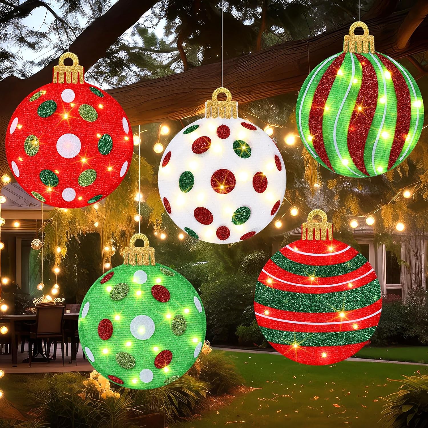 5 Pcs 12 Inch Christmas Ball Ornament Lights 16.4ft Christmas Decorations Lights with LED Hanging Ornaments for Xmas Trees Window Wall Outdoor Indoor Yard Decor (Classic)