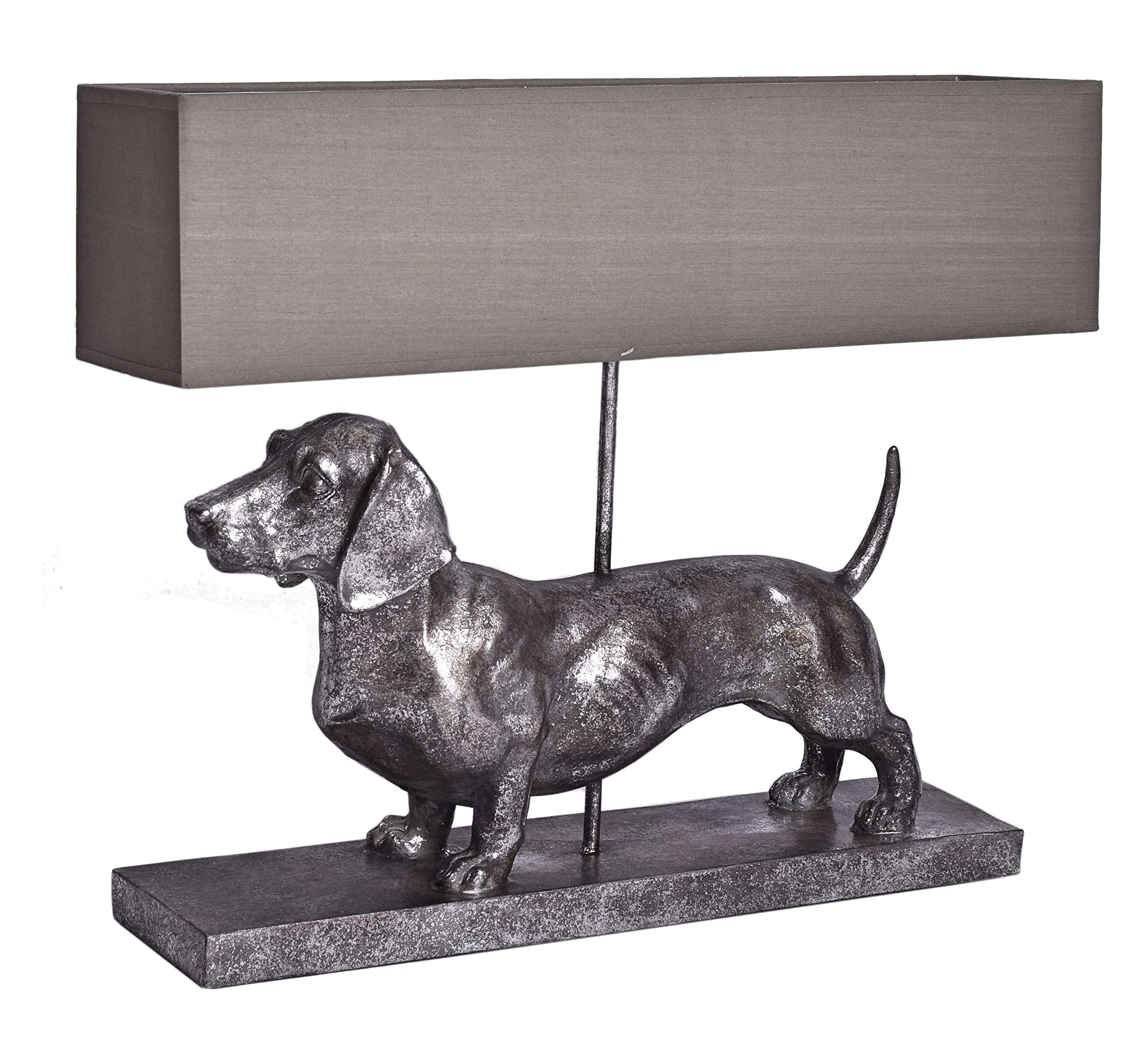 Tischlampe XXL Dackel Leuchte Hund 60cm Lampe Hundefigur Nachttischlampe Hundelampe cw195 Palazzo Exklusiv „VILLA CHARLY“ – Silber Dachshund mit Stoffschirm im englischen Stil