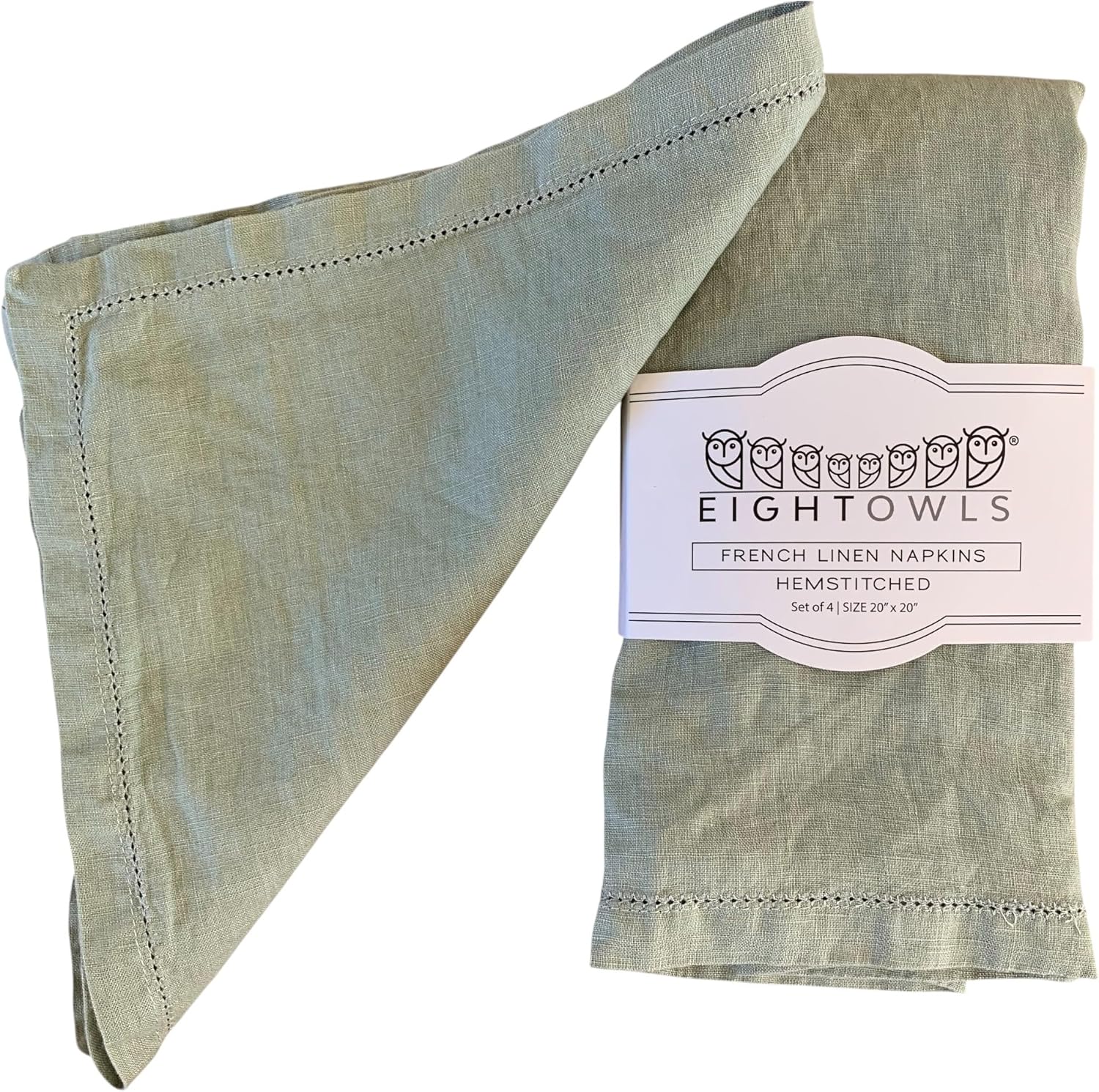 Hemstitched Linen Napkins – 20 Inch x 20 Inch – Stonewashed Pure Linen Cloth Dinner Napkins with Mitered Corners - 100% French Flax – Machine Washable - Set of 4 (Soft Sage Green)