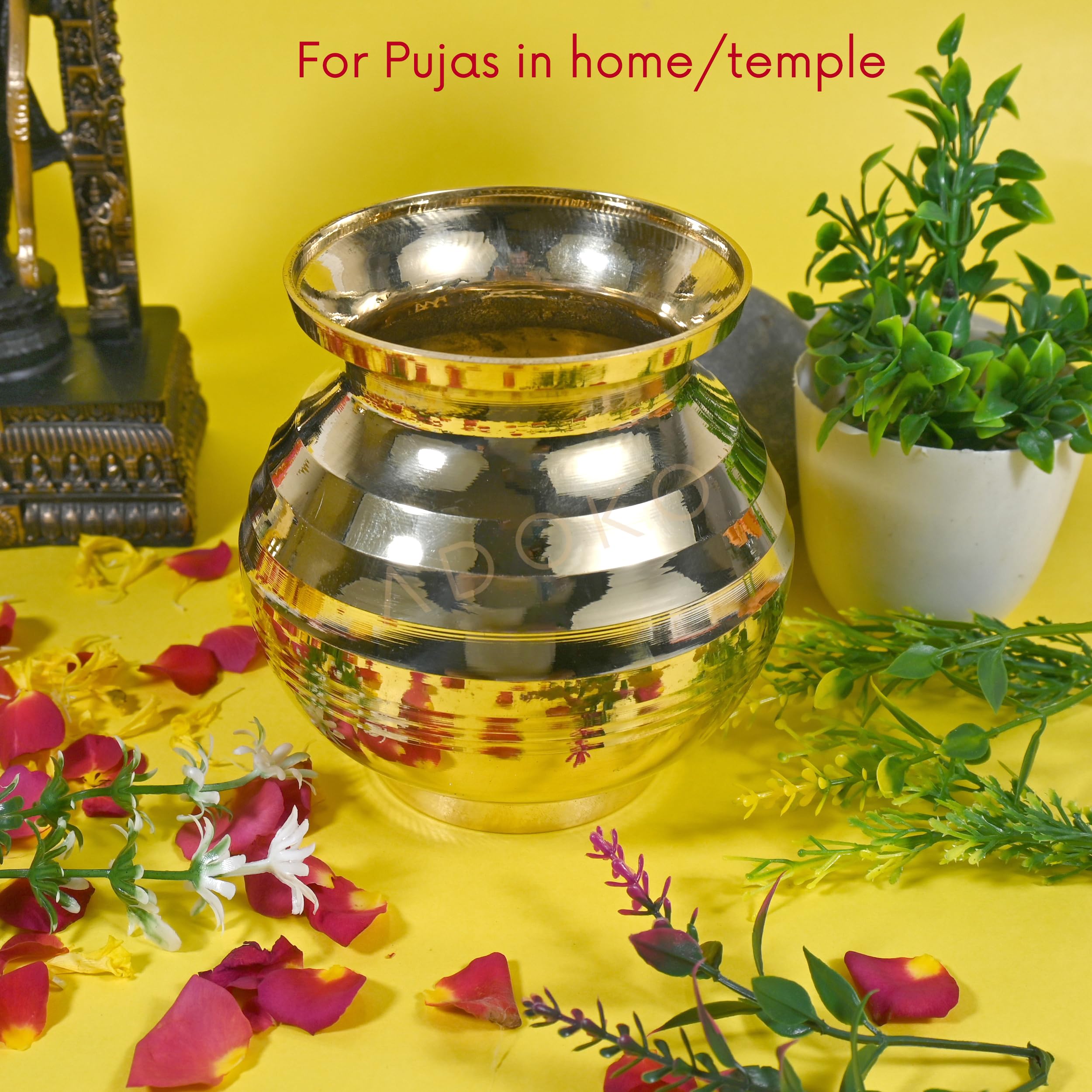 Adoko 600ML Brass Shubh Lota for Pooja | Rust-Resistant BPA-Free Non-Toxic Peetal Kalash for Rituals Water Storage & Daily Use 3