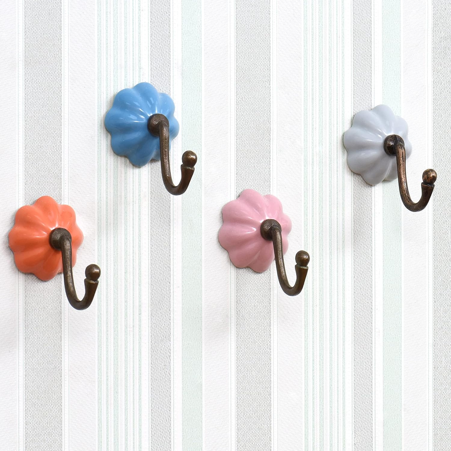 Indian Shelf Coat Hooks Wall Mounted -Single Hooks for Hanging - Multicolor Hooks for Hanging Coats - Pumpkin Ceramic Wall Hooks - Coat Hooks - Pack of 4
