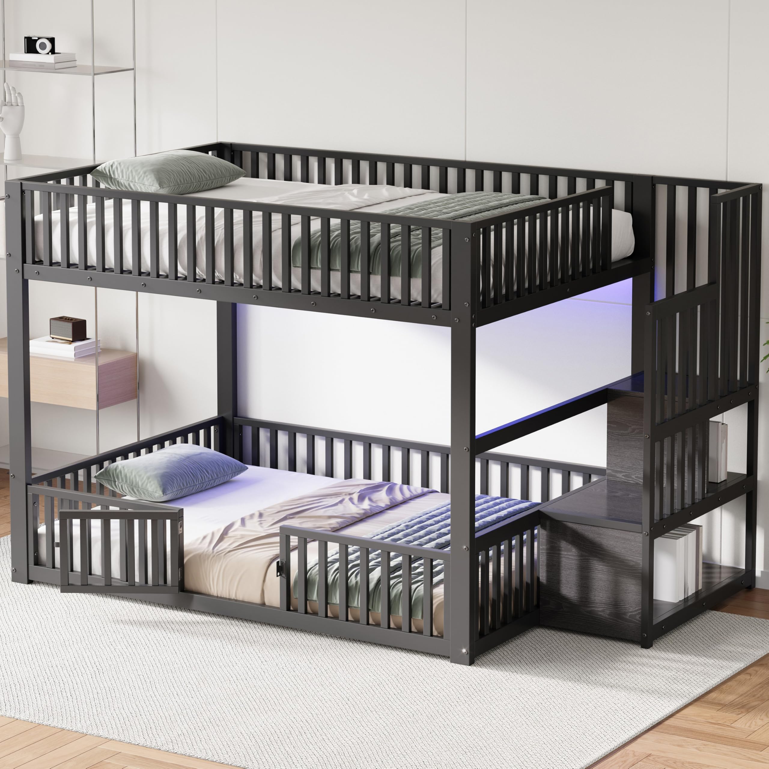 Litera de 140 x 200 cm con escalera de almacenamiento, con LED (negro, 140 x 200 cm)