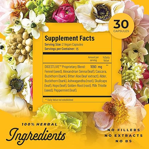 Miniatura 3 de DigestLive - Laxante para aliviar el estreñimiento para mujer, 30 cápsulas, suavizante de heces 100% a base de hierbas, limpieza natural suave de
