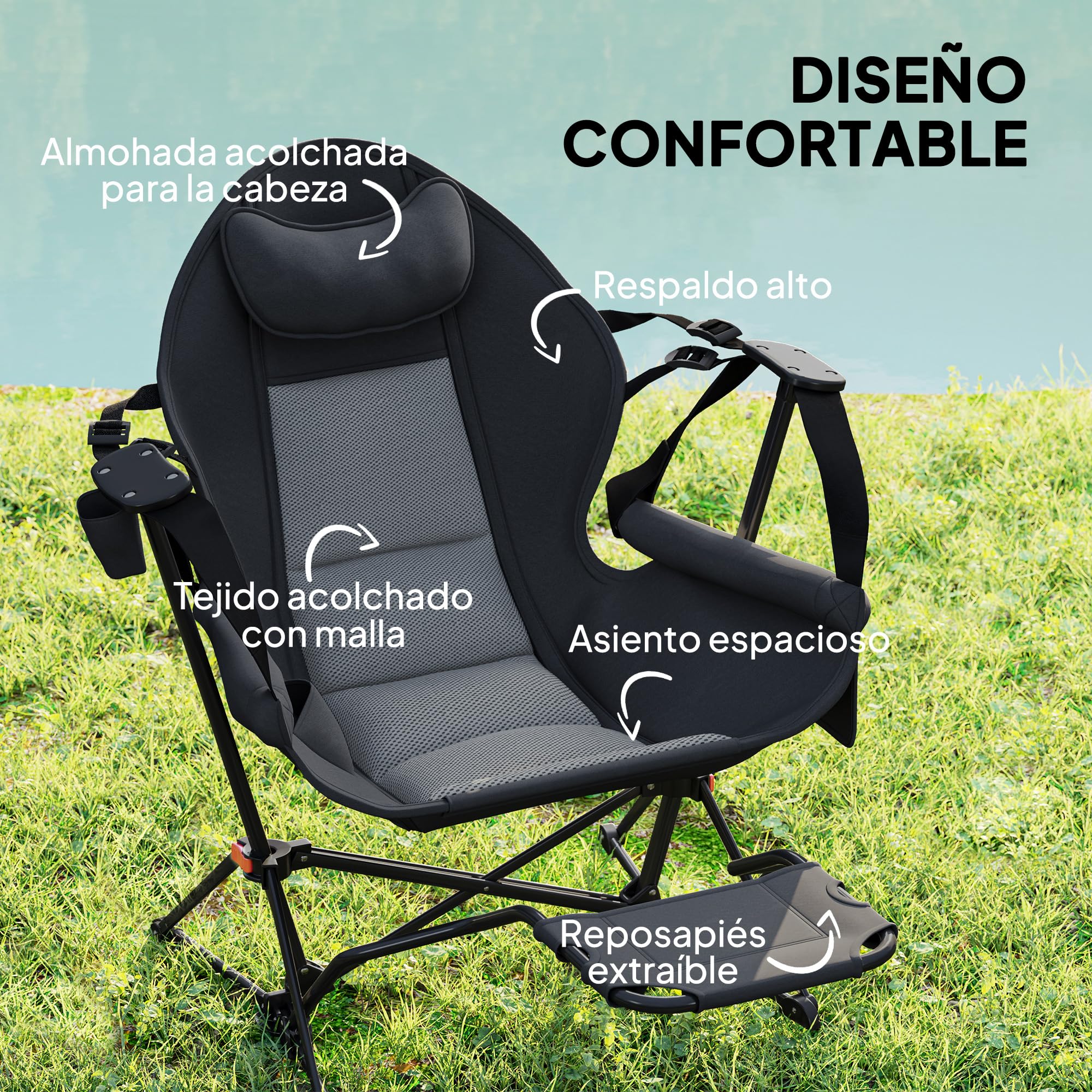 Outsunny Mecedora Jardín Exterior con Reposapiés Pack 2 120 kg Negro | Silla Plegable de Camping, Reposacabezas, Portavasos, Bolsillos, Bolsa de Transporte, para Playa Camping Pesca