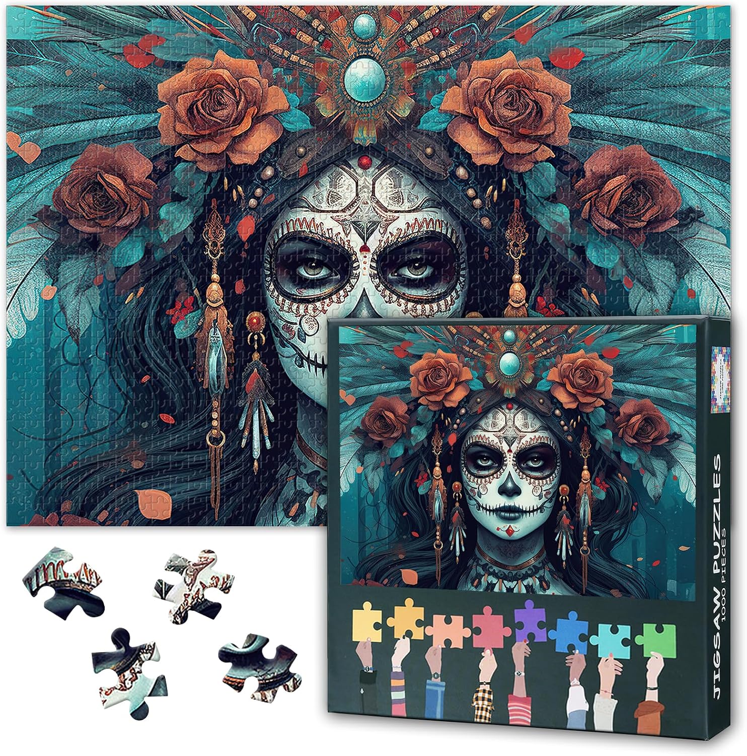 Skull Girl 1000 elementów puzzle dla dorosłych, trudne i wymagające puzzle kwiatowe, 70 x 50 cm, prezent dla rodziny, wieczór gier i akcesoria do domu