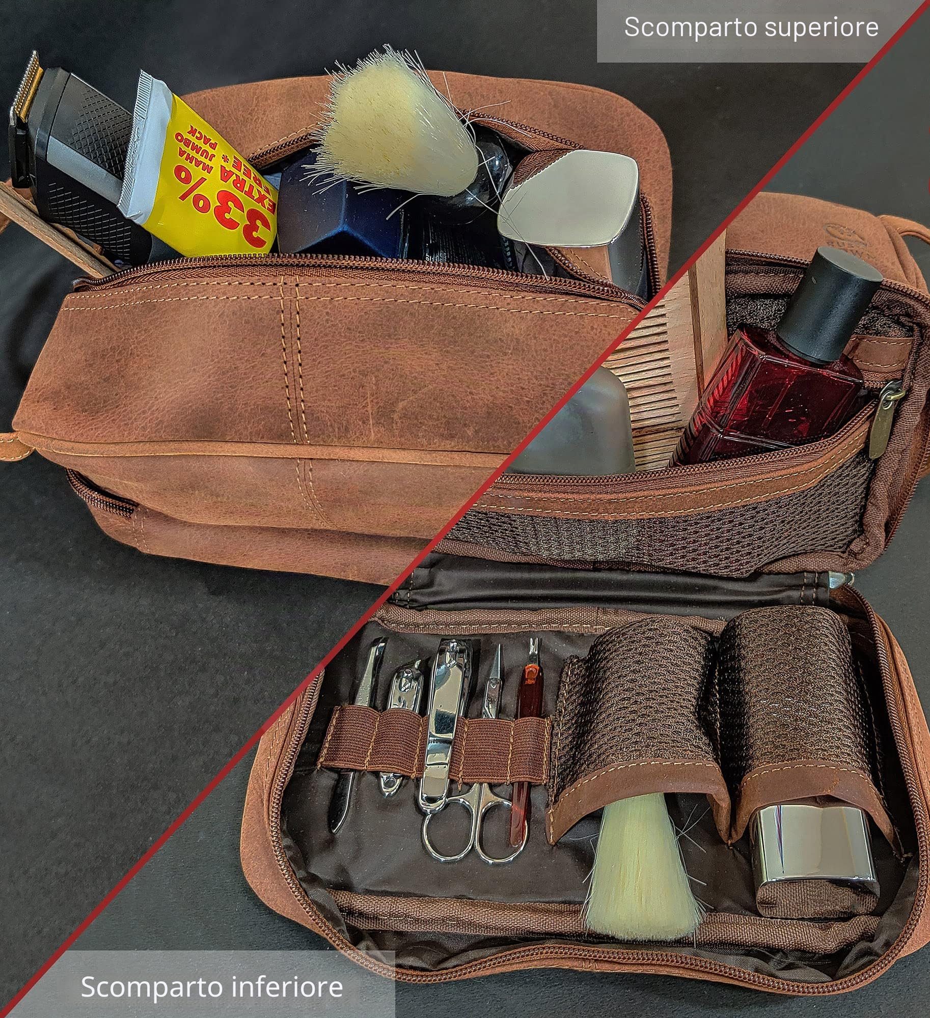 Beauty case da viaggio in vera pelle – organizer igienico Dopp kit Rustic Town