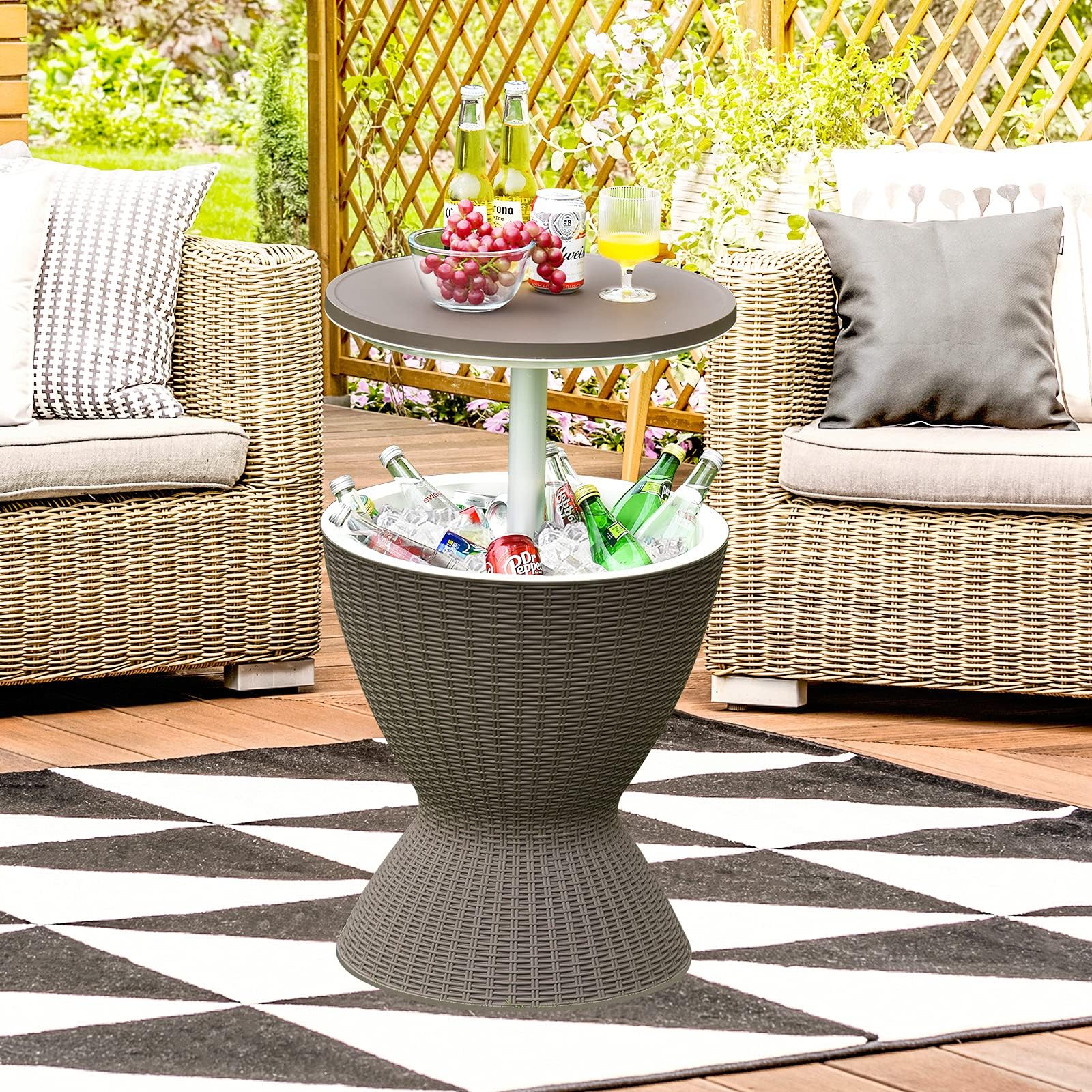 RELAX4LIFE 3 en 1 Mesa Nevera Jardin 30L con Tapa Extraíble Tablero Elevable 57,5/82 cm, Mesa Jardin Exterior de Ratán PP con Orificio de Drenaje, Hielera para Fiestas, Camping, Carga 75KG (Café)