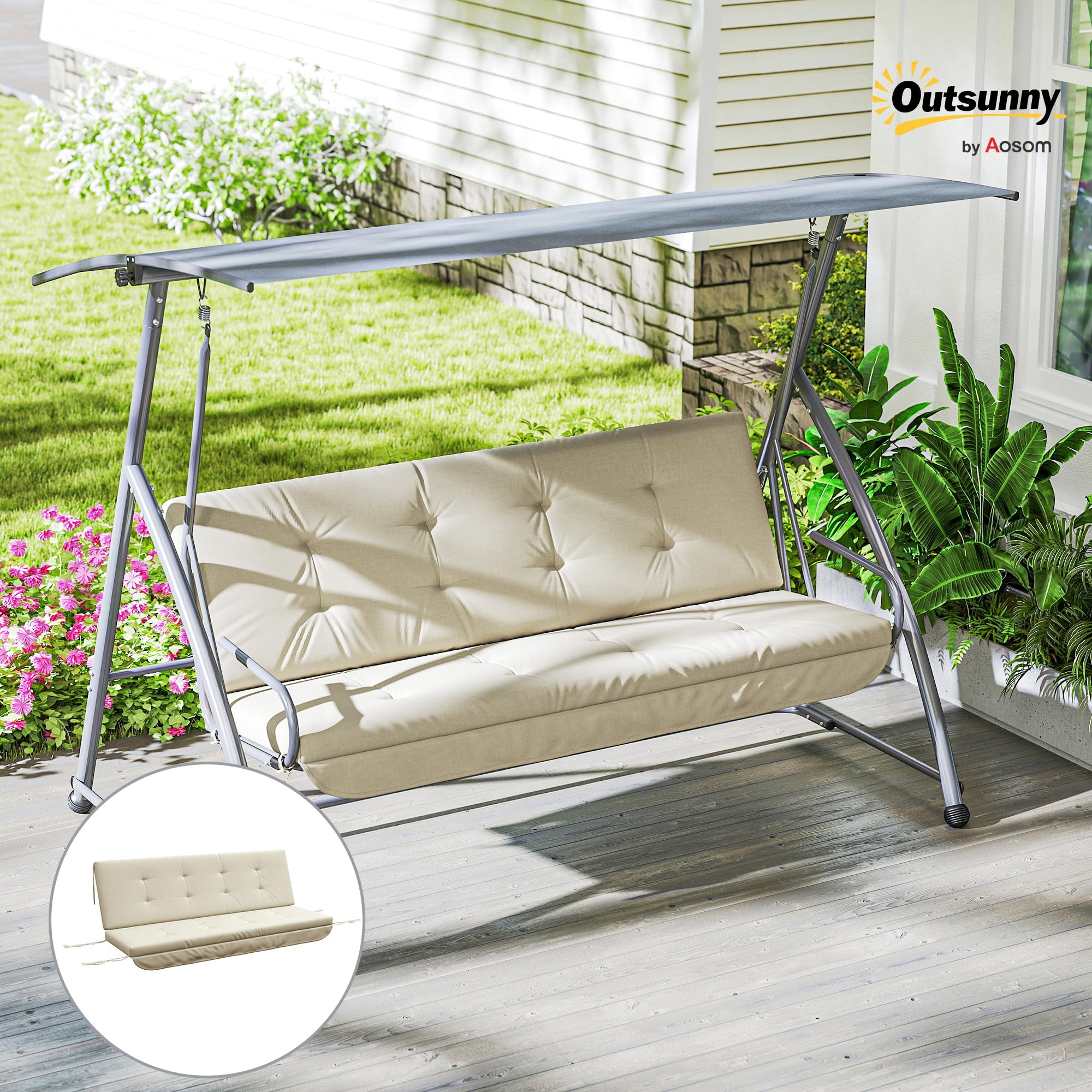 Outsunny Set di Cuscini per Altalena Hollywood 170 cm - Cuscino per Sedia e Schienale Laterale Beige