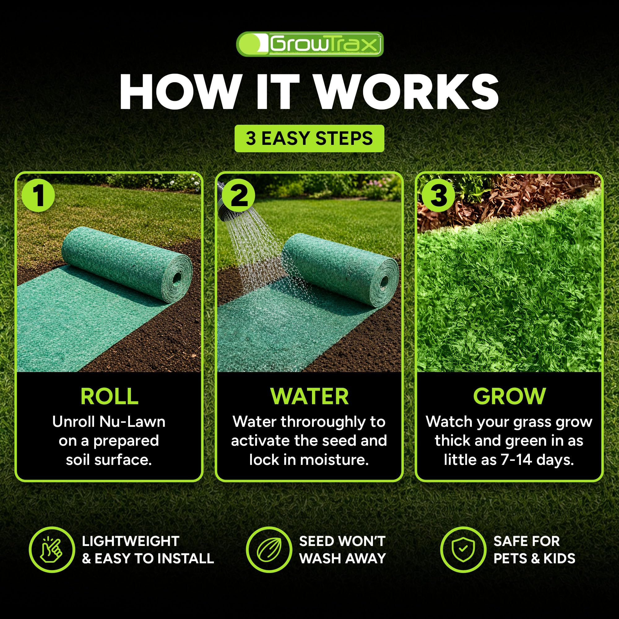Growtrax Tapete biodegradable para semillas de hierba, 100 pies cuadrados, color verde | Semilla de césped para césped, parches de perro y sombra, solo riega y cultiva, sin césped artificial o artificial