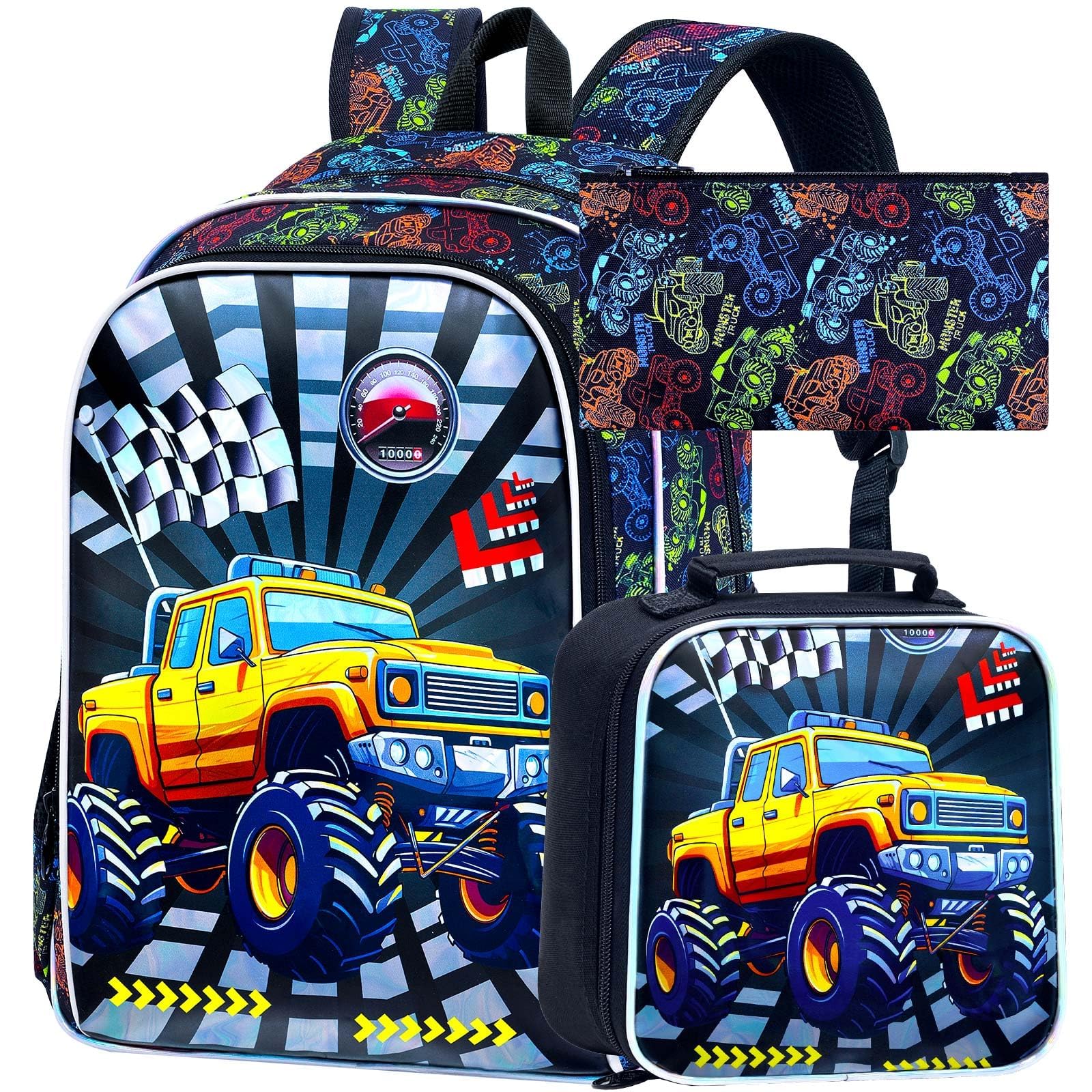 16" Truck Backpack for Boys, 3Pcs Bookbag with Lunch Box, Kids School Backpacks Set for Elementary Preschool Kindergarten (Balck)