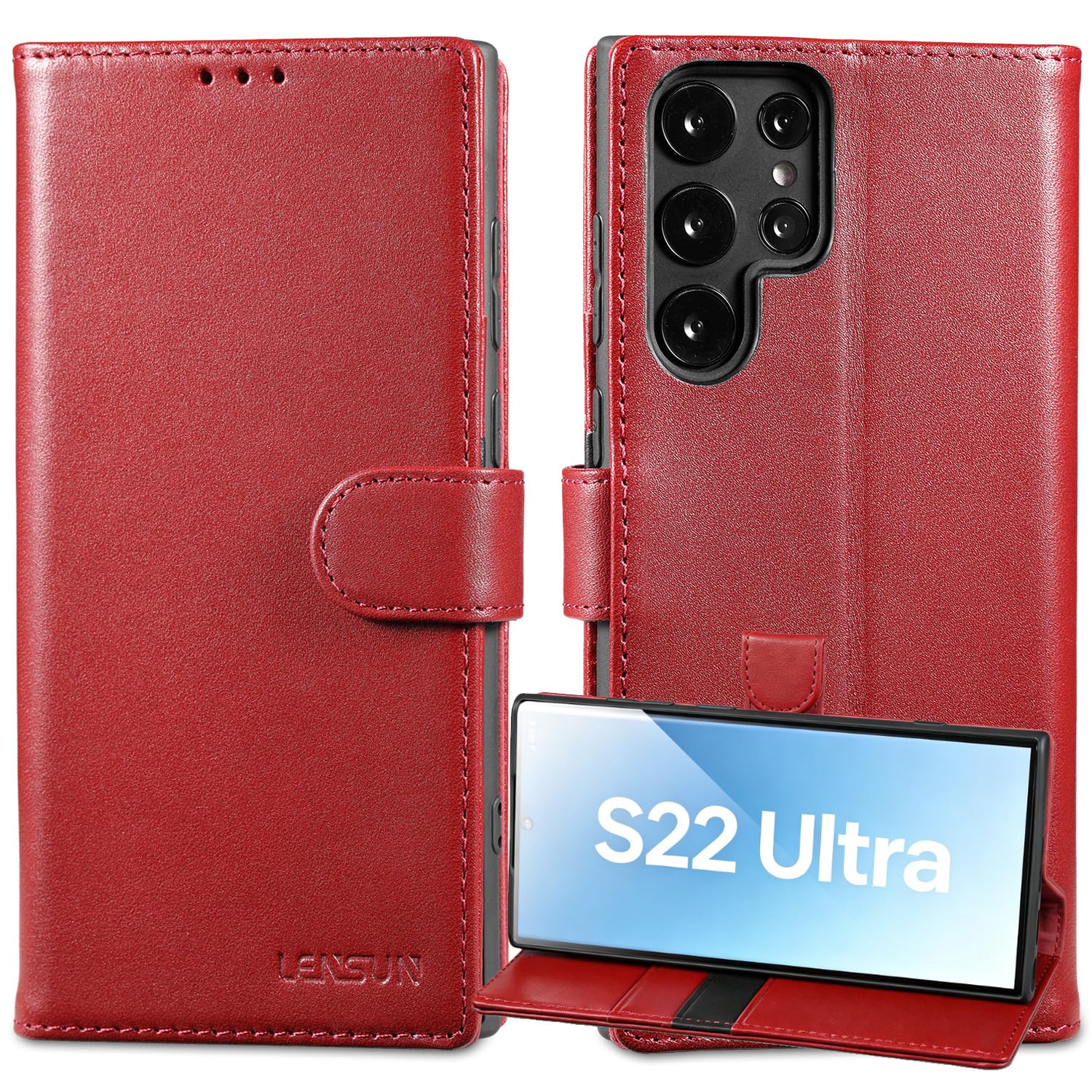 LENSUN Funda Samsung Galaxy S22 Ultra 5G, Carcasa Cuero Genuino [Bloqueo RFID] Tapa Cierre Magnetico y Ranuras para Tarjetas Cartera Libro Protección para Samsung S22 Ultra 5G-Rojo Vino