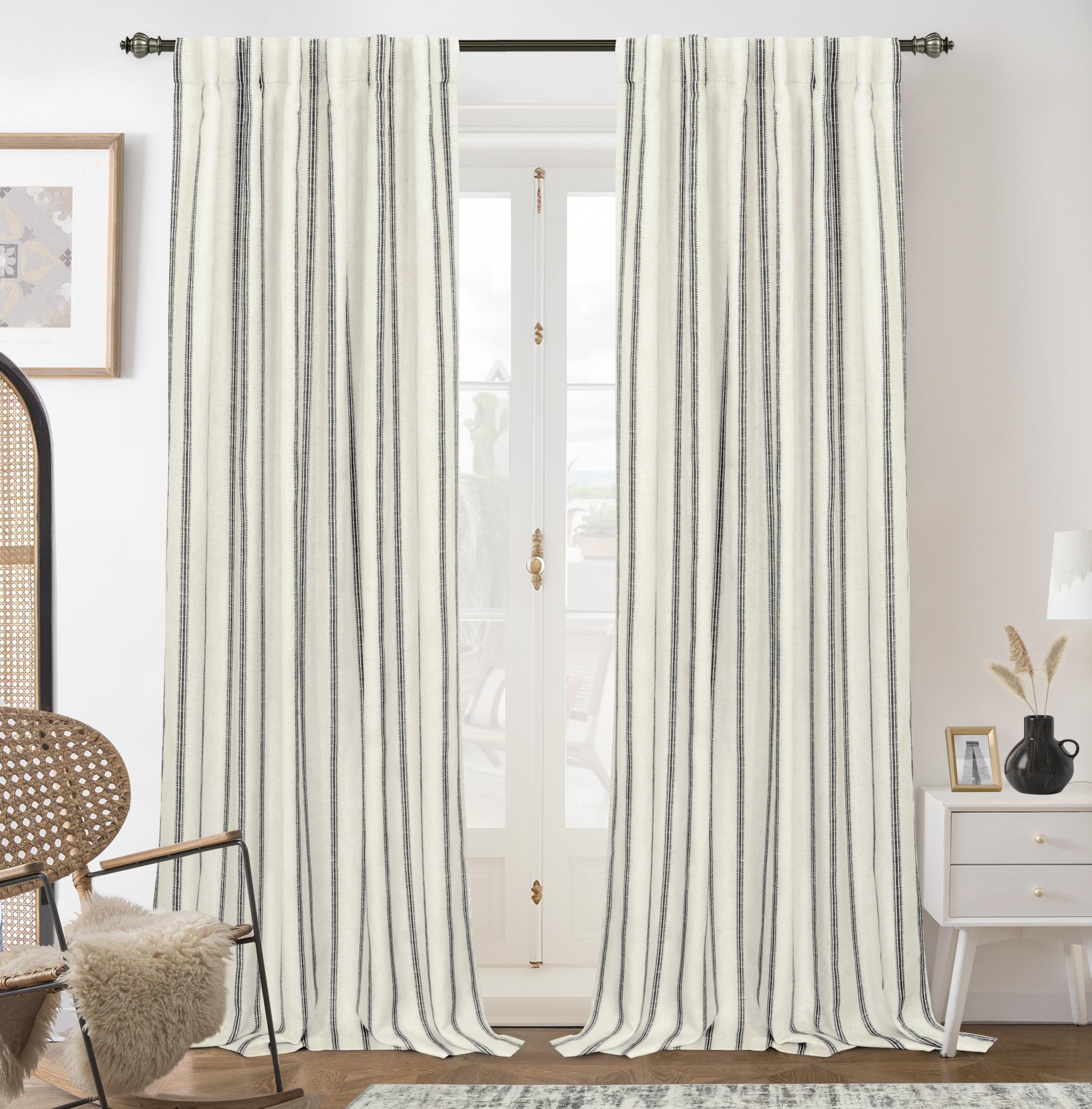 DriftAway Farmhouse Linen Blackout Curtains 84 Inches Long for Bedroom Striped Double Layer Thermal Insulated Sound Reducing Lined Back Tab Rustic